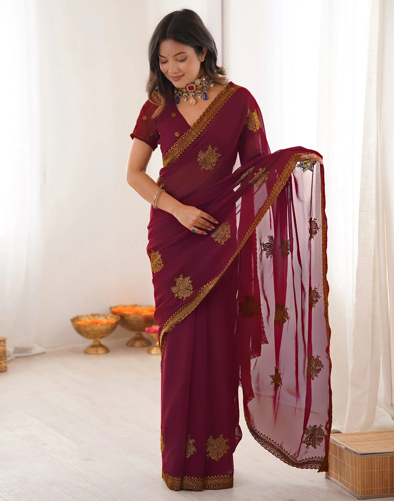 Maroon Georgette Embroidery Saree