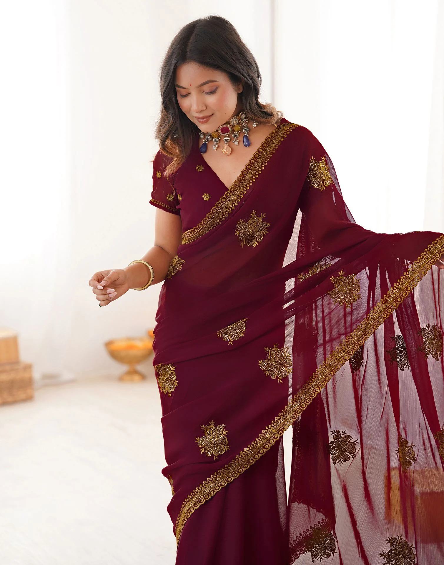 Maroon Georgette Embroidery Saree - Image 2