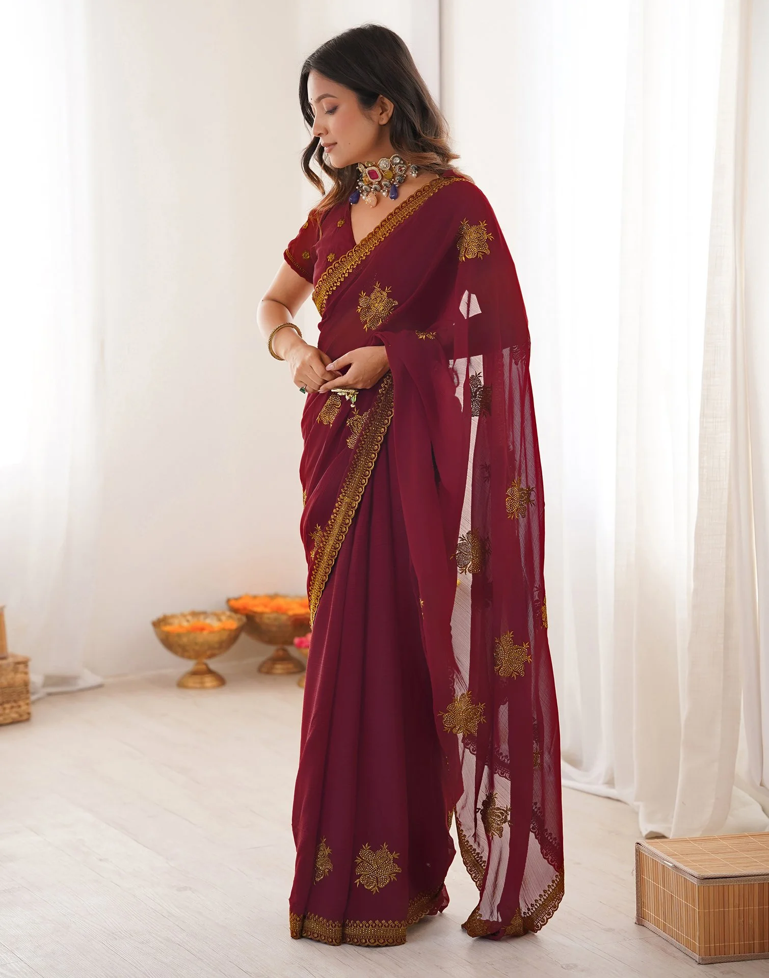 Maroon Georgette Embroidery Saree - Image 4