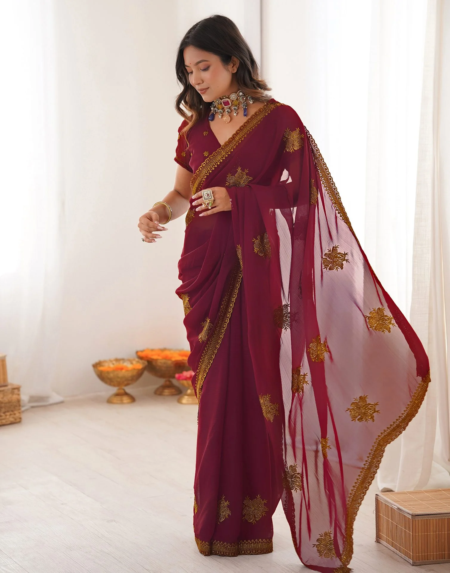 Maroon Georgette Embroidery Saree - Image 5