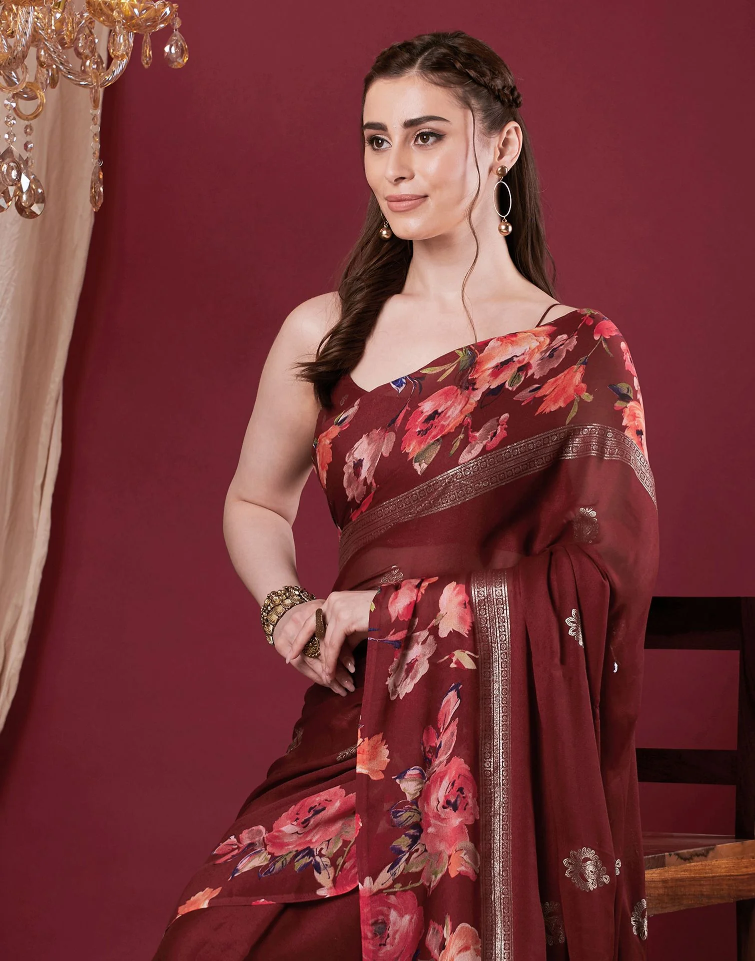 Maroon Georgette Floral Printed Saree - Image 2