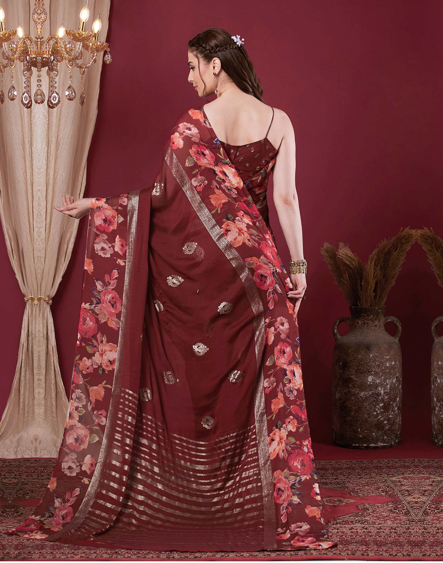 Maroon Georgette Floral Printed Saree - Image 4