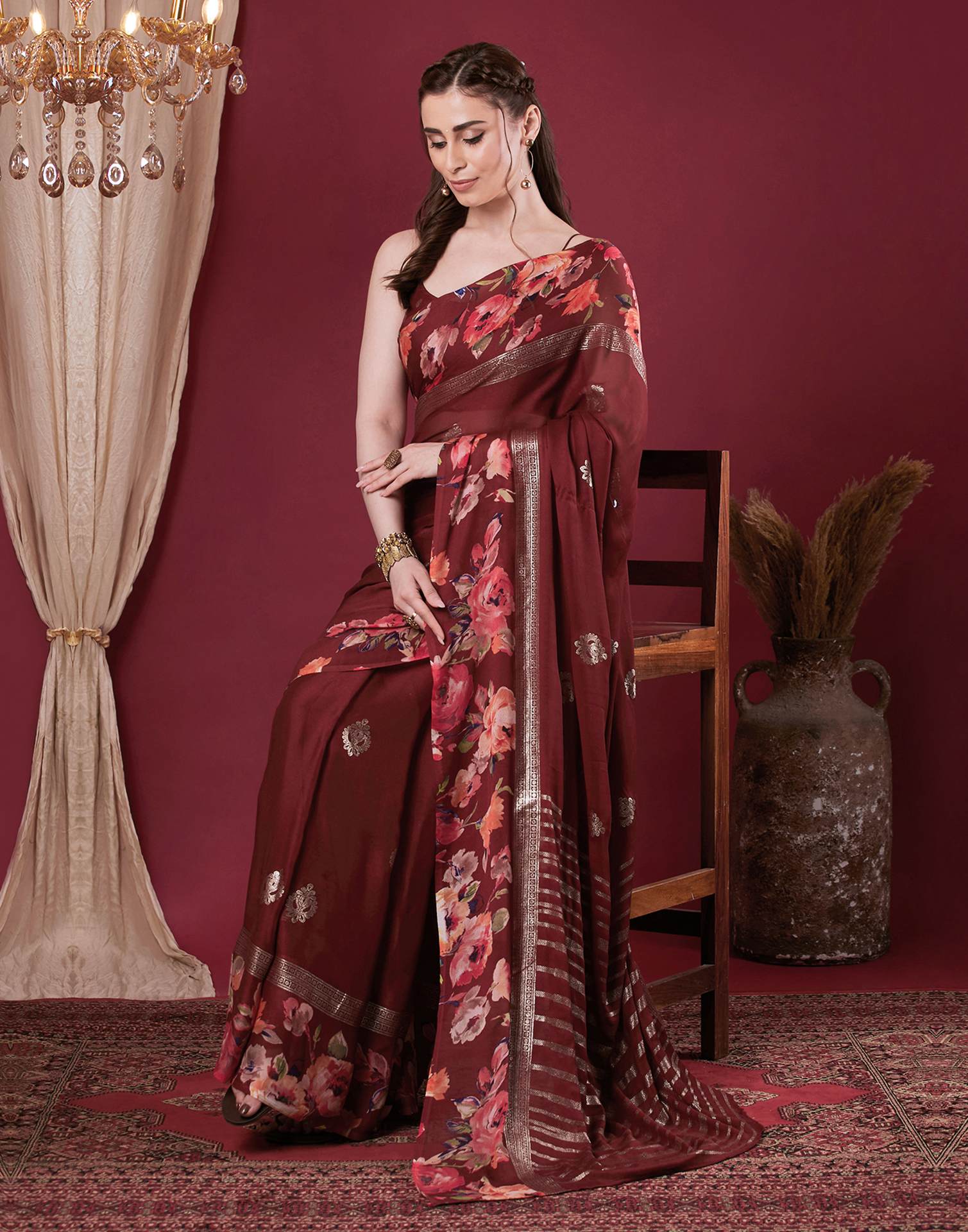 Maroon Georgette Floral Printed Saree - Image 5