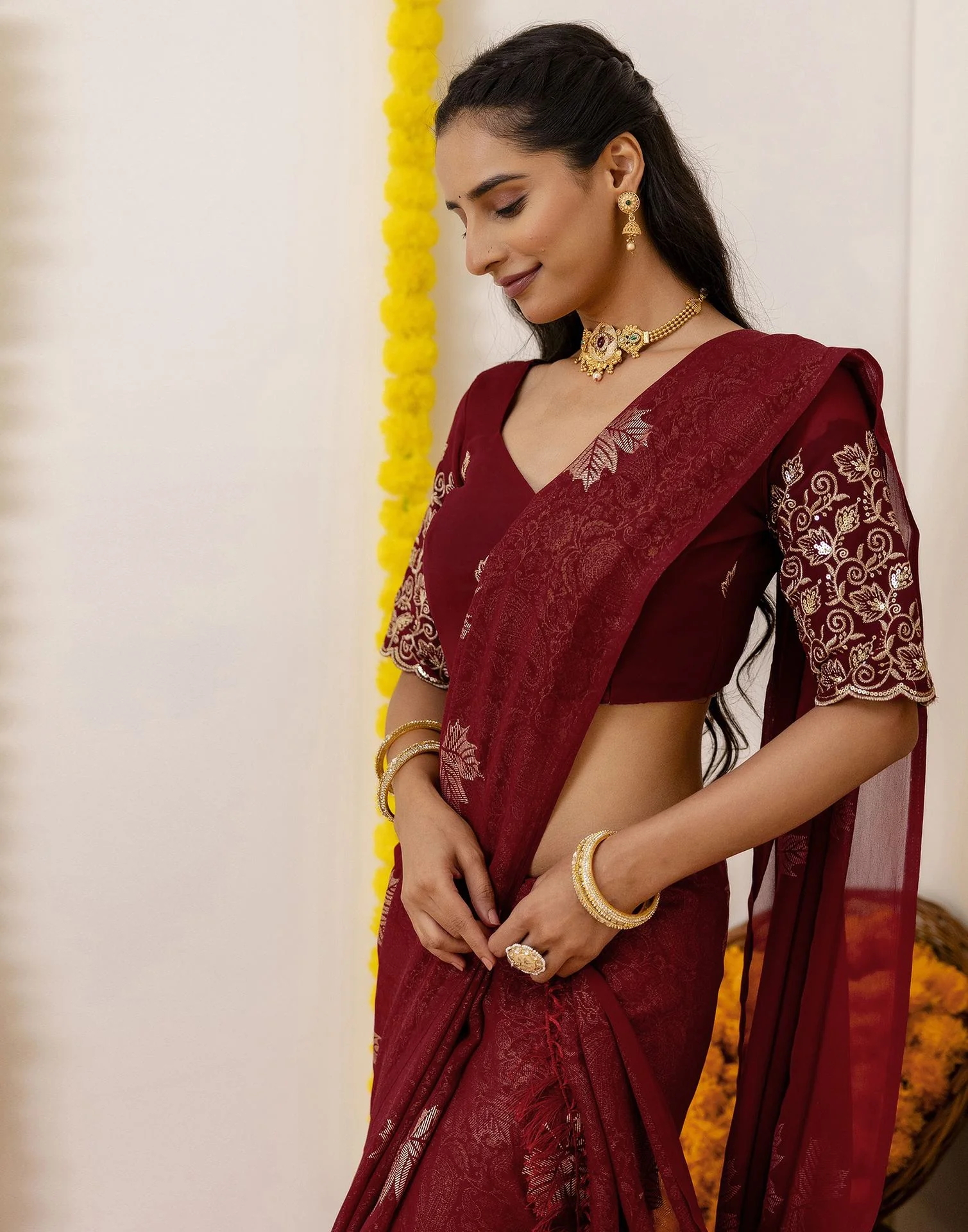 Maroon Georgette Foil Printed Saree - Image 10