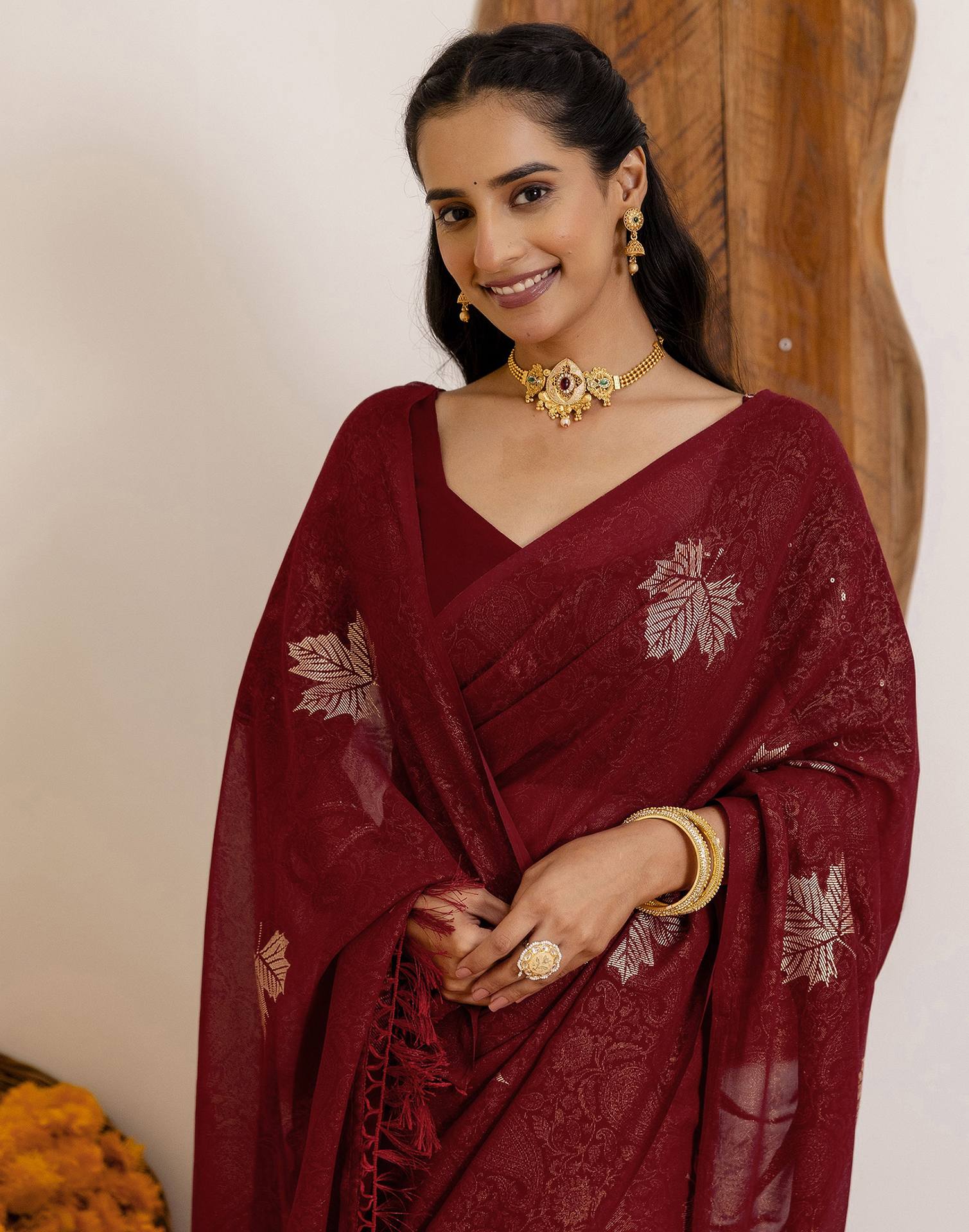 Maroon Georgette Foil Printed Saree - Image 2