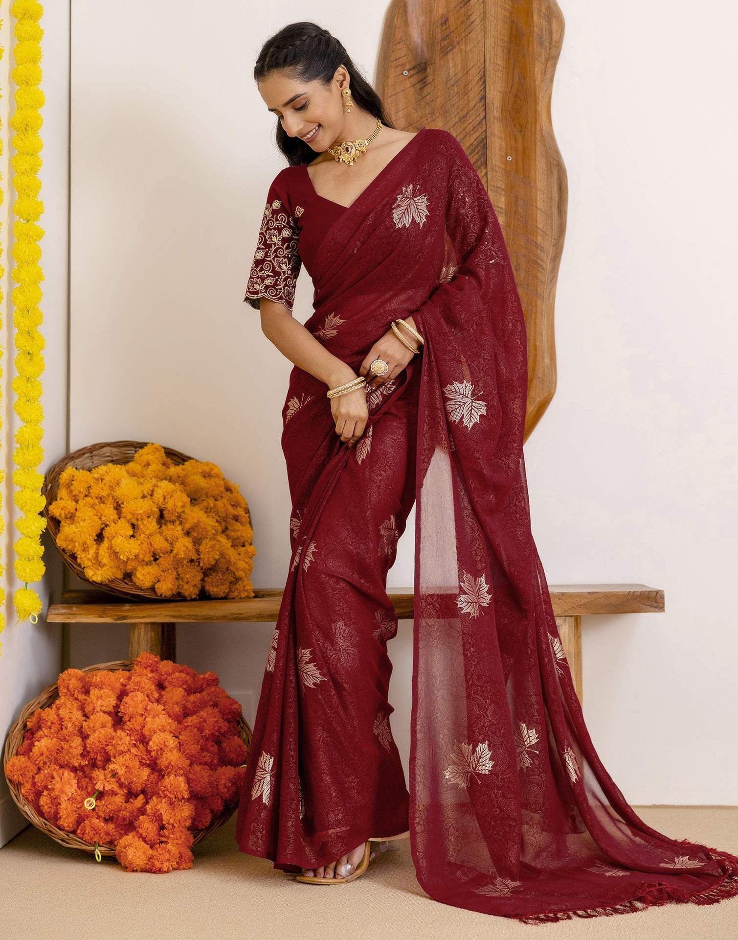 Maroon Georgette Foil Printed Saree - Image 4