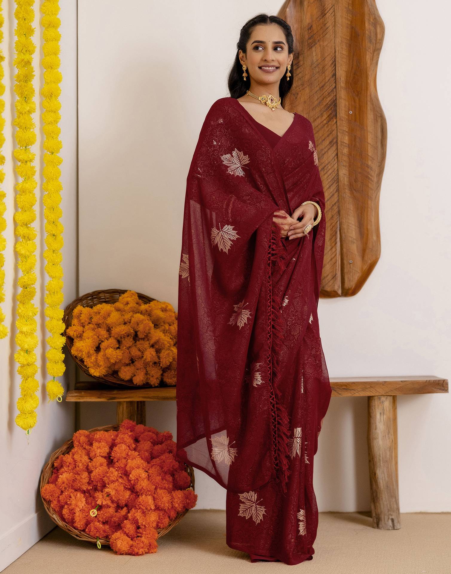 Maroon Georgette Foil Printed Saree - Image 5
