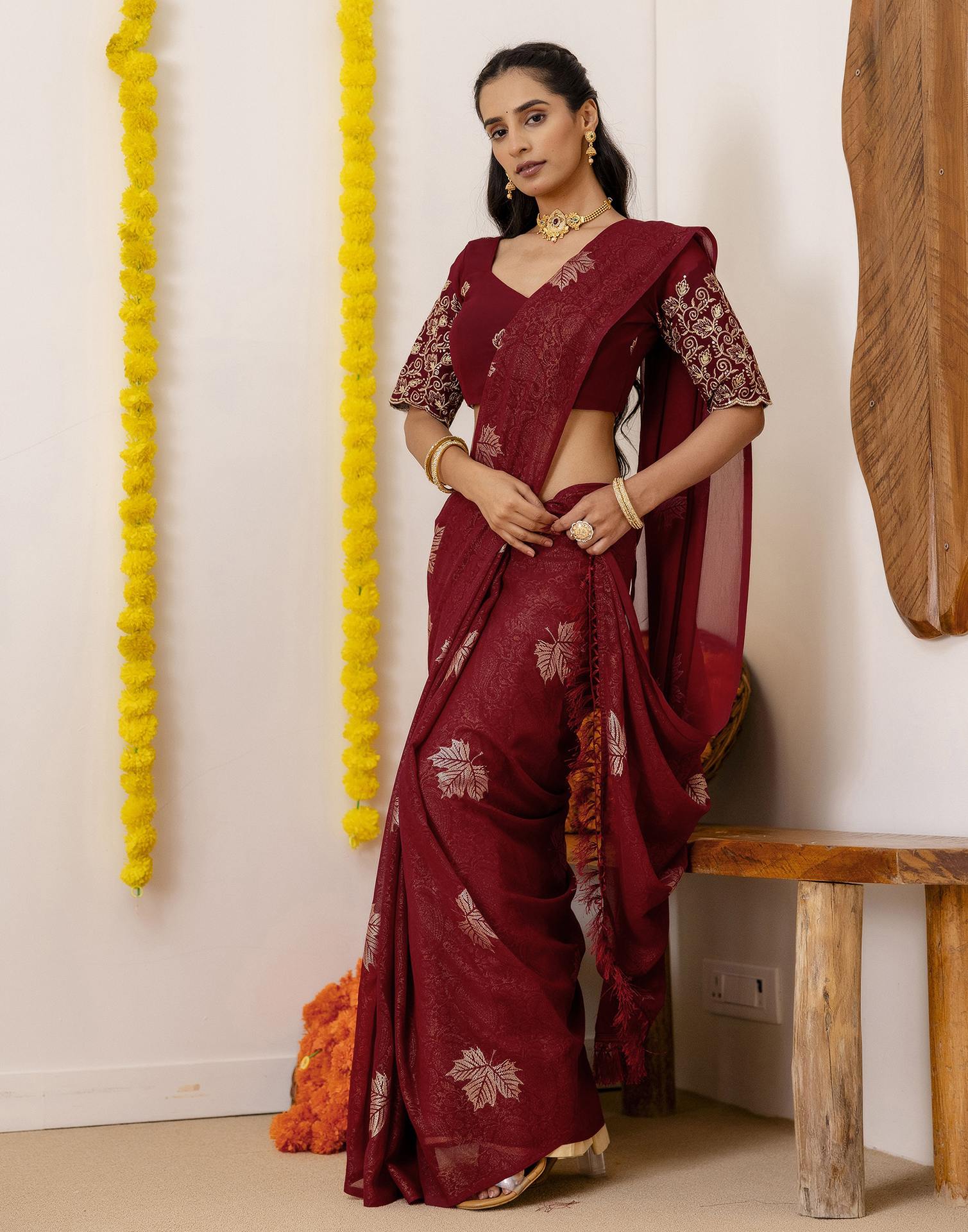 Maroon Georgette Foil Printed Saree - Image 6