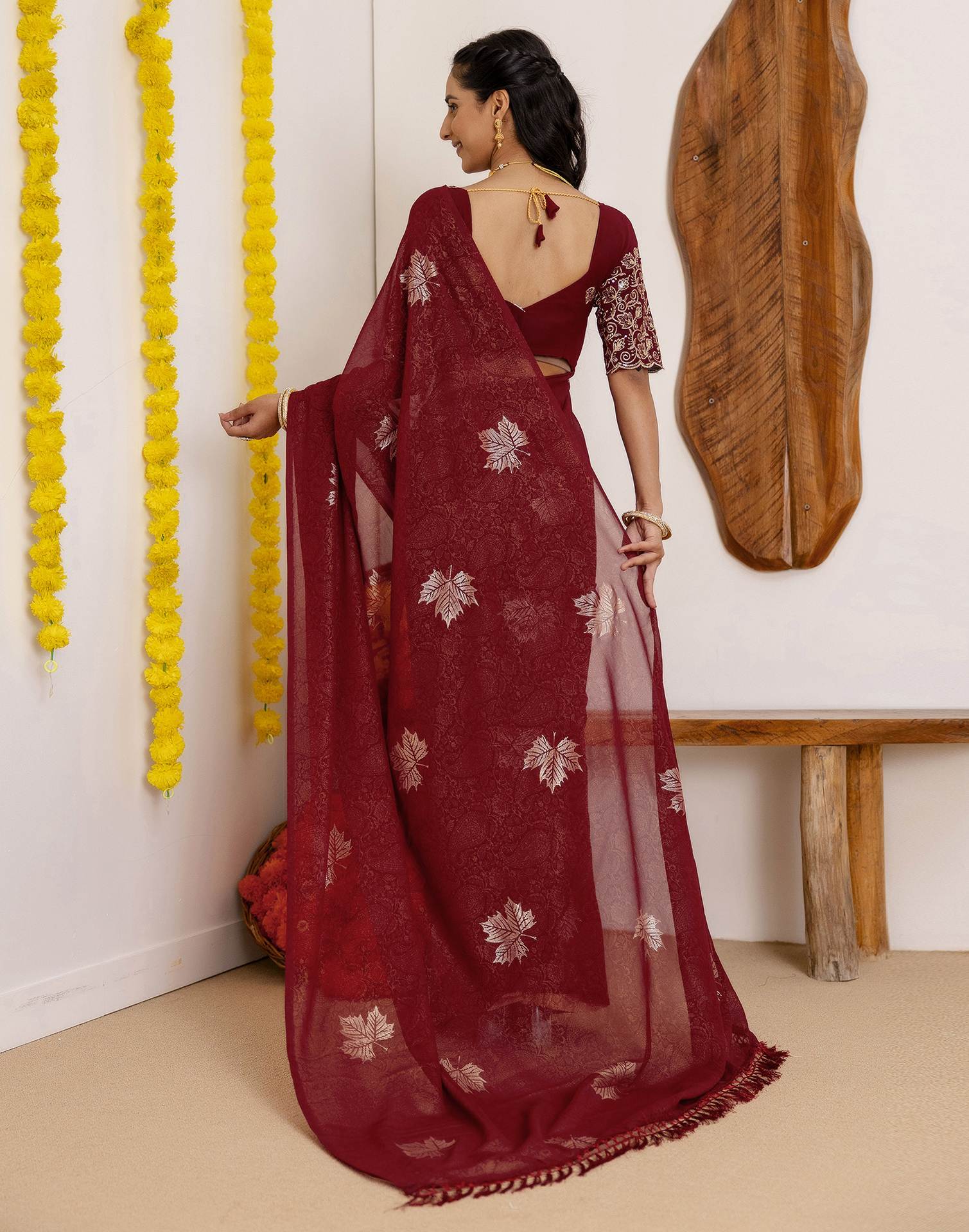 Maroon Georgette Foil Printed Saree - Image 7