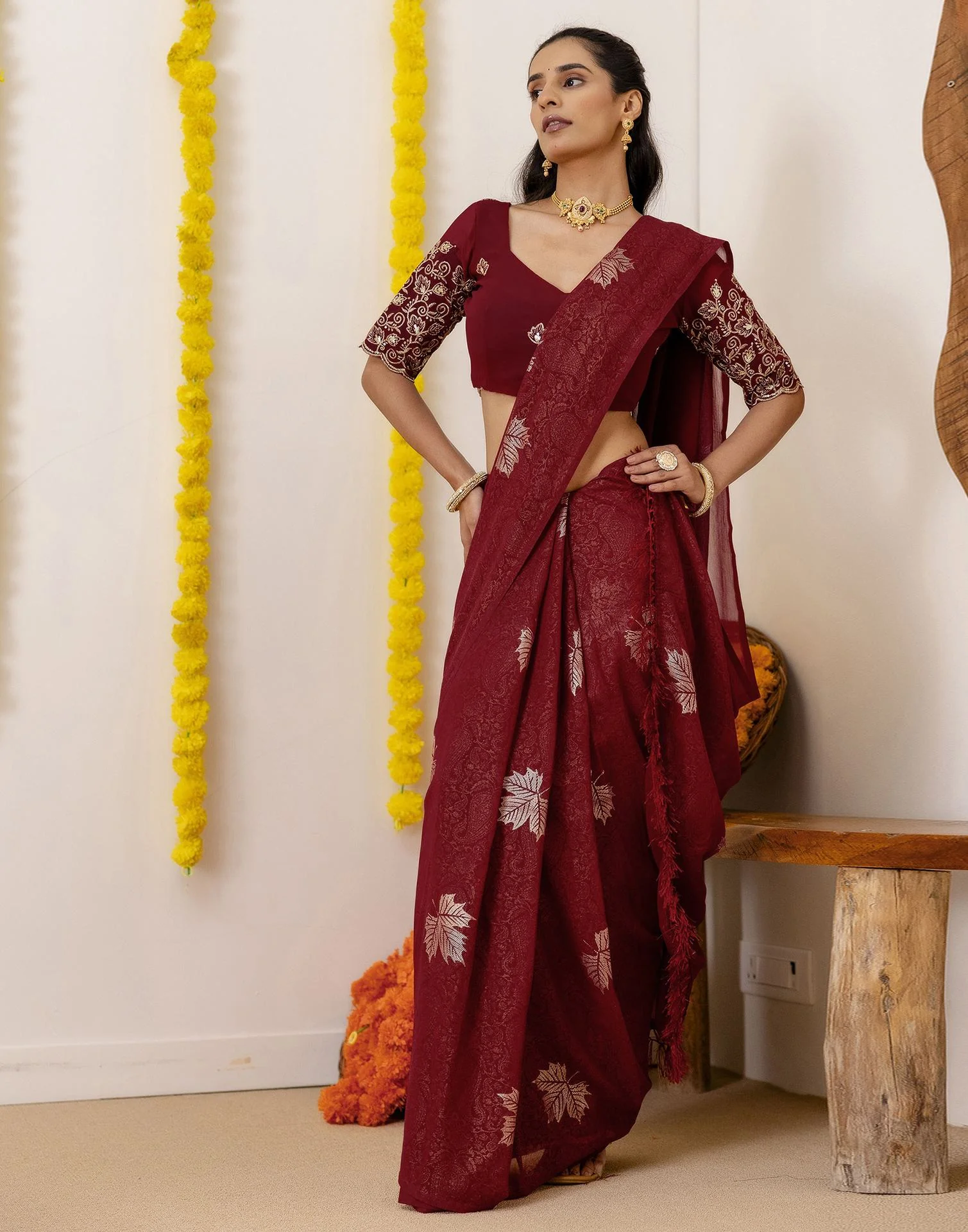 Maroon Georgette Foil Printed Saree - Image 8