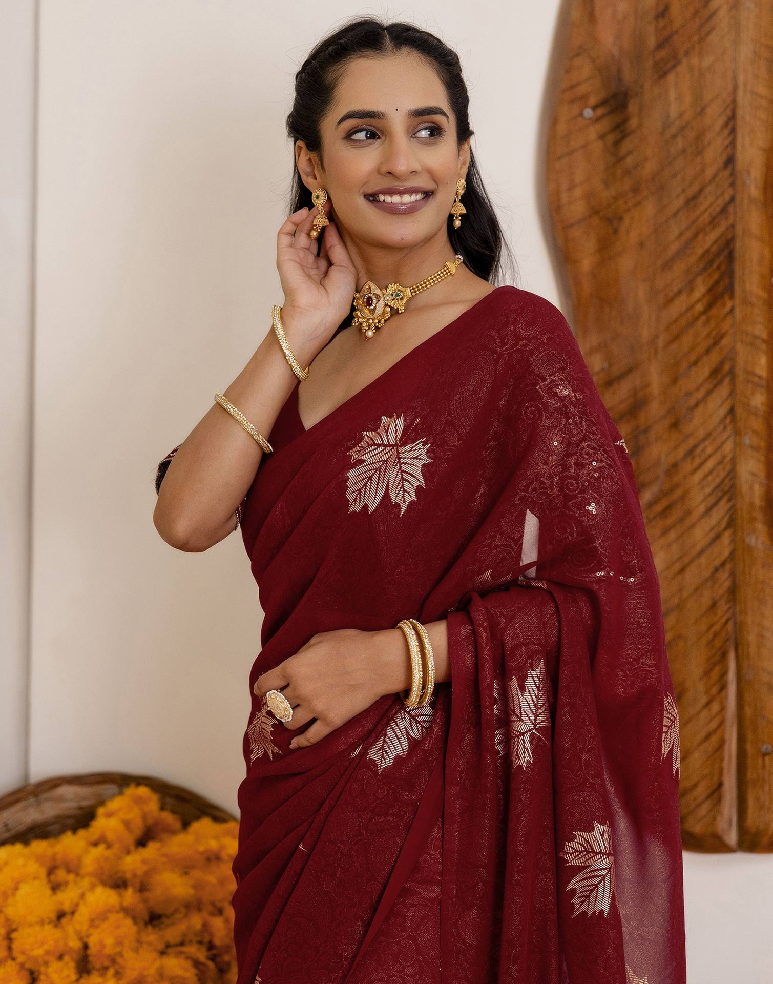Maroon Georgette Foil Printed Saree - Image 9