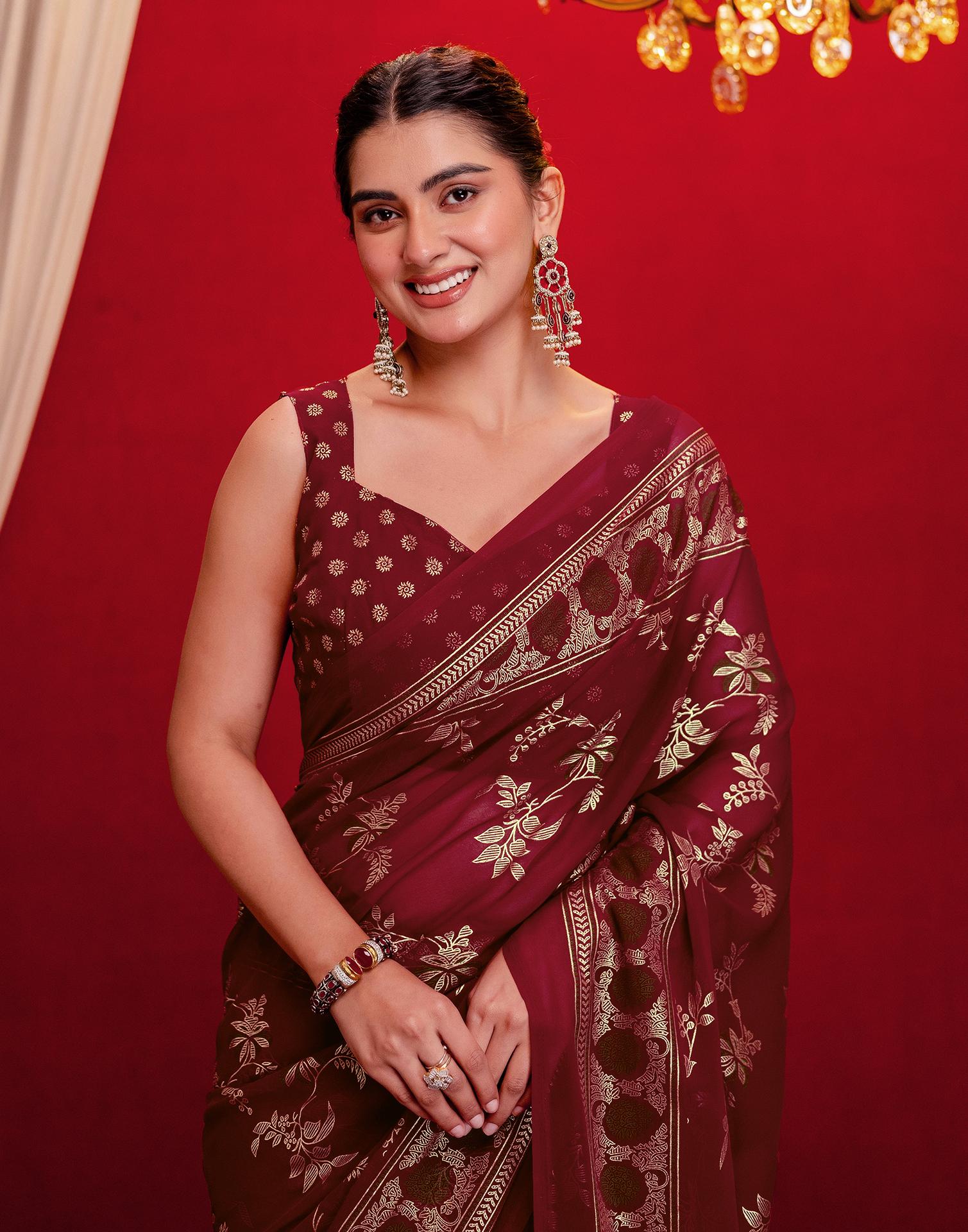 Maroon Georgette Foil Printed Saree - Image 4