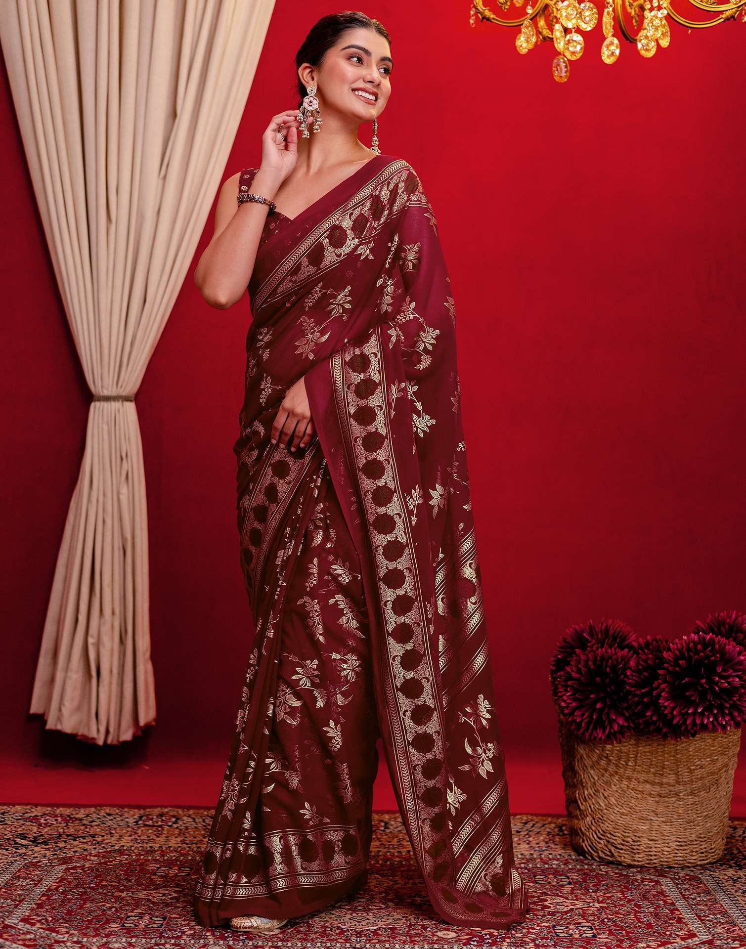 Maroon Georgette Foil Printed Saree - Image 5