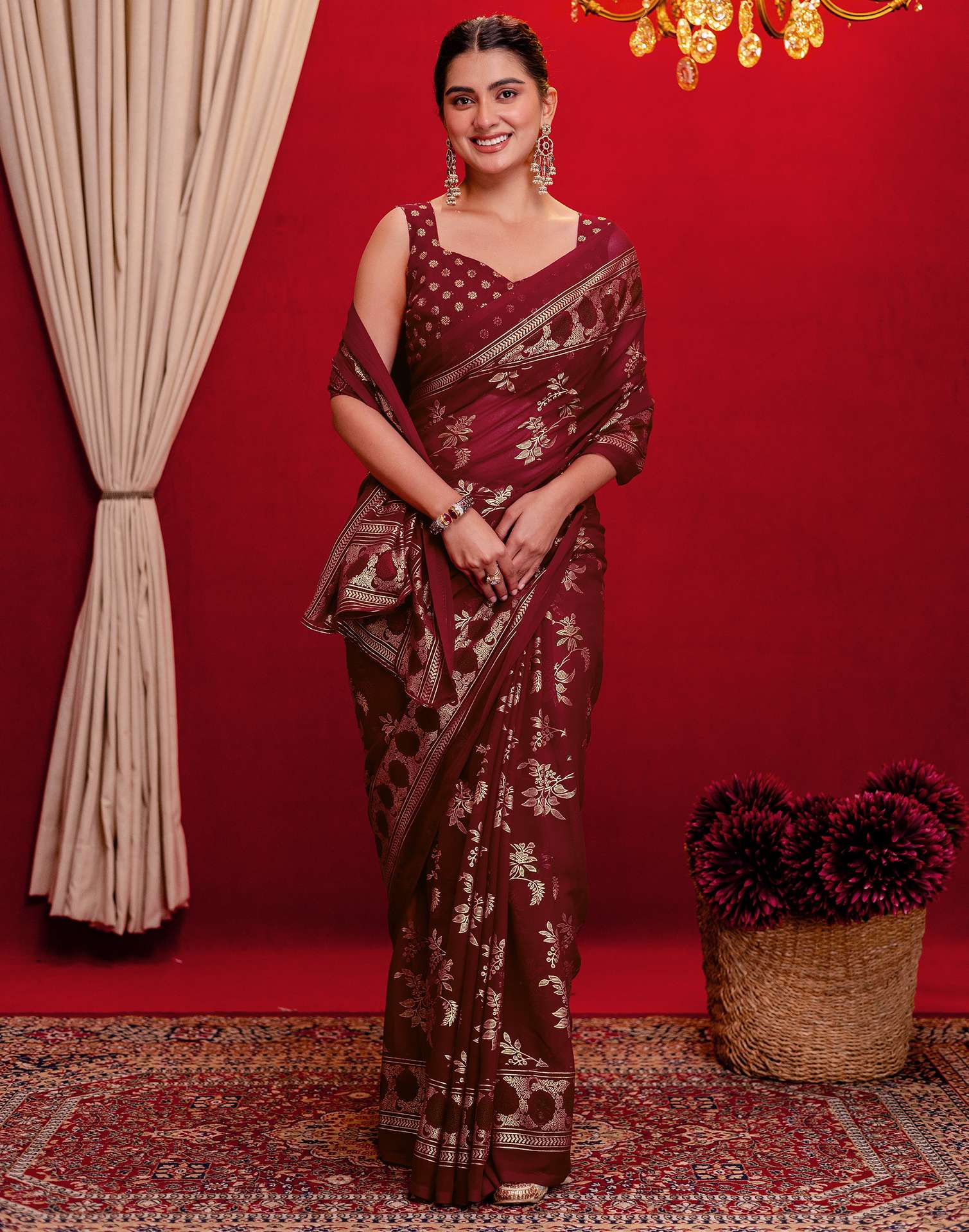 Maroon Georgette Foil Printed Saree - Image 6