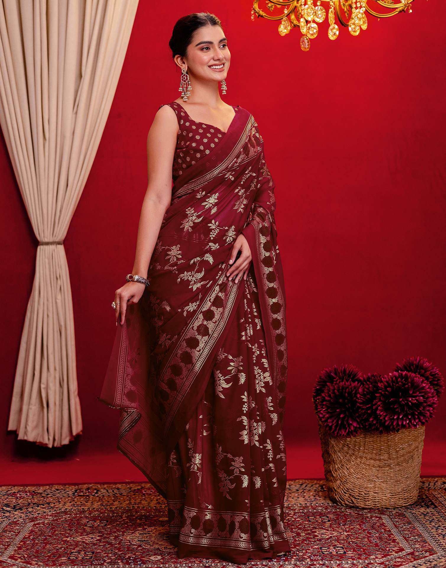 Maroon Georgette Foil Printed Saree - Image 8