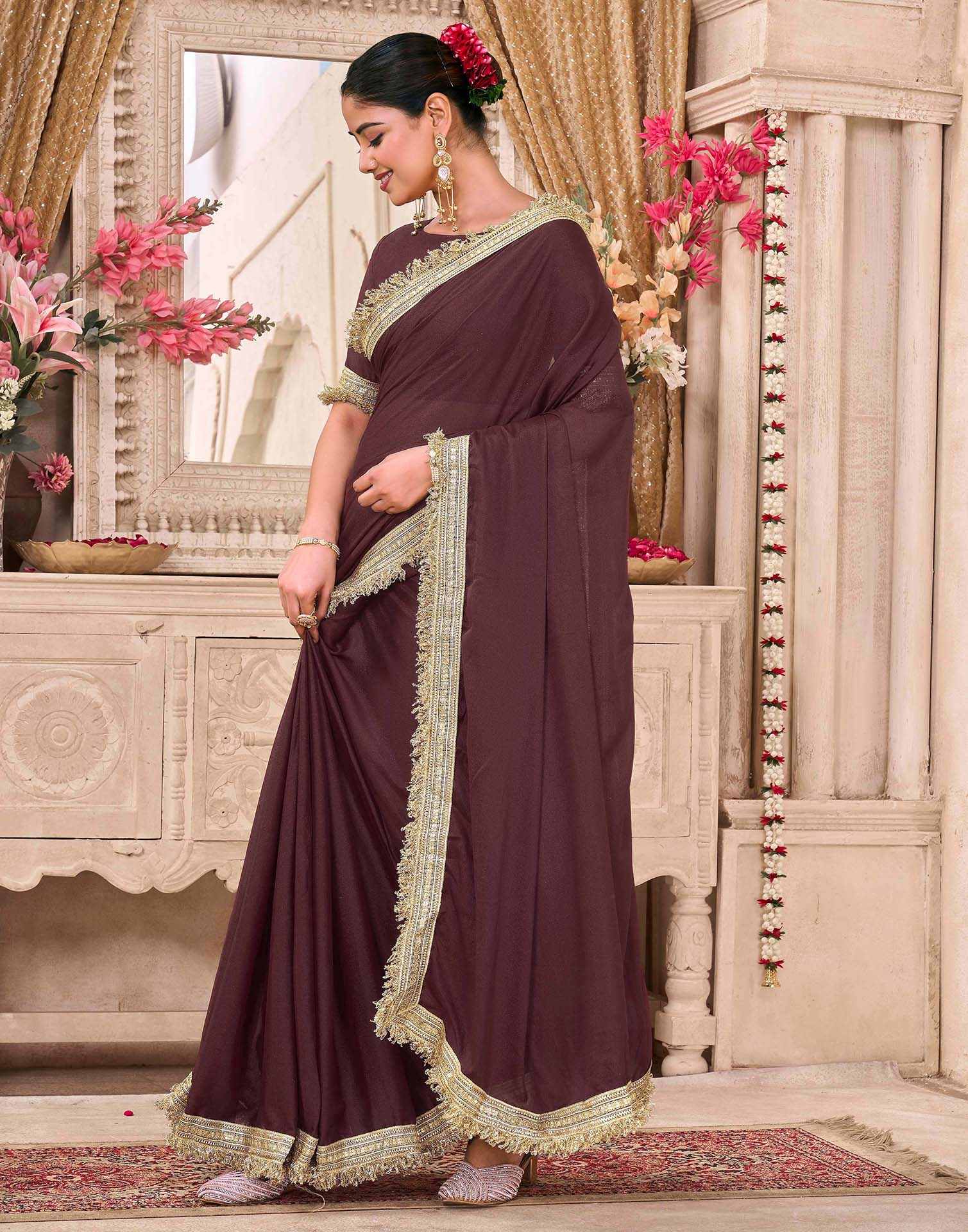 Maroon Georgette Gota Lace Saree - Image 4