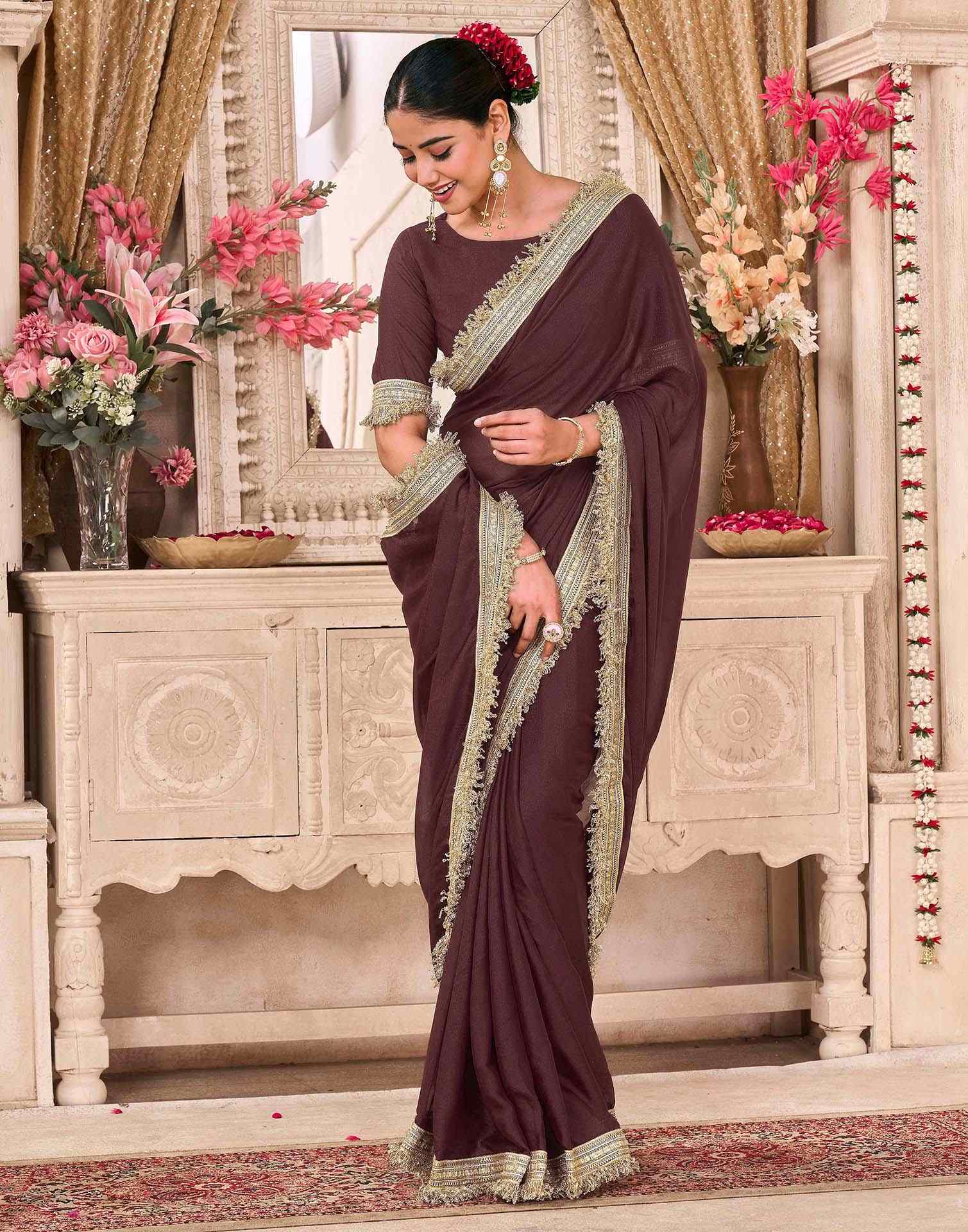 Maroon Georgette Gota Lace Saree - Image 5