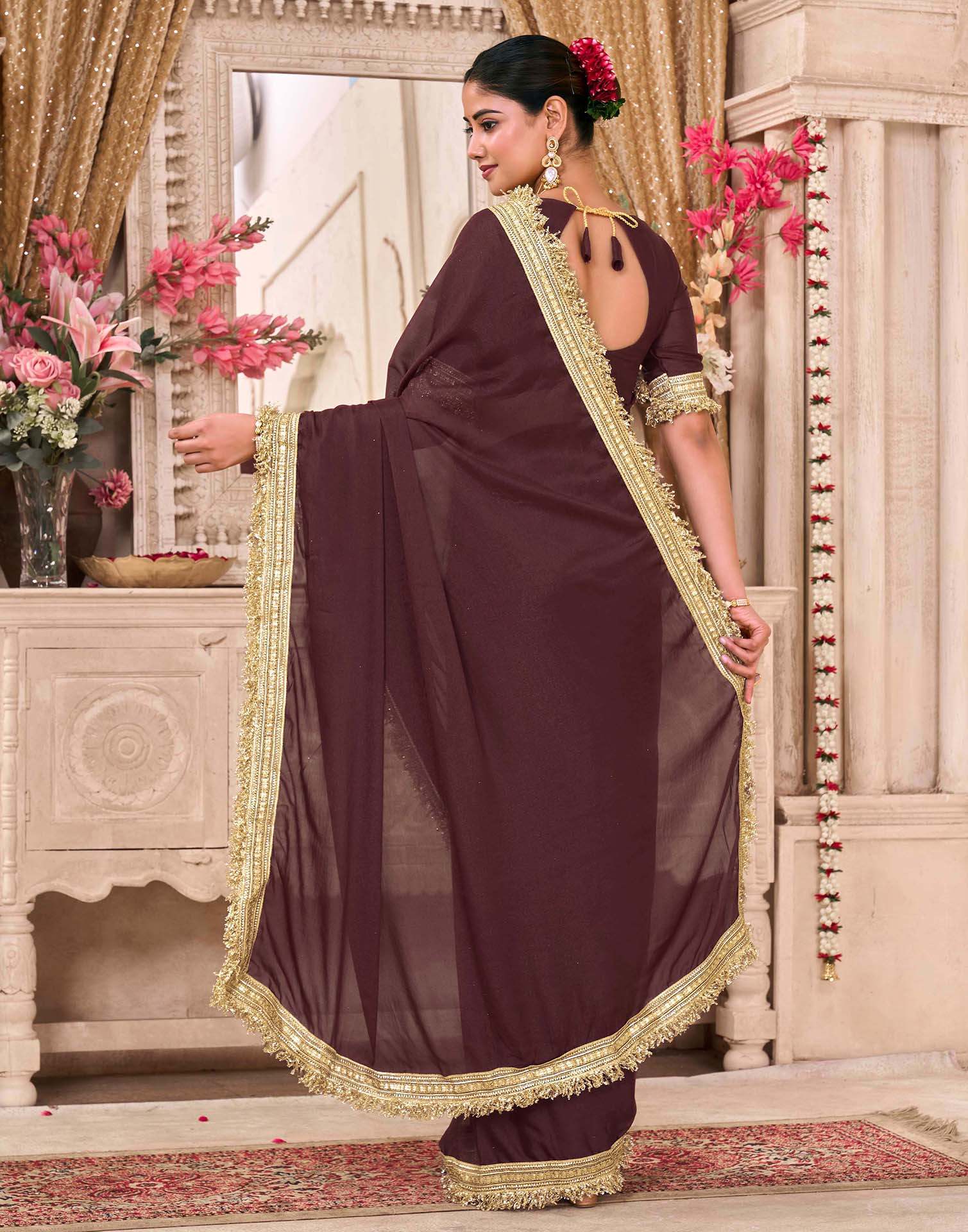 Maroon Georgette Gota Lace Saree - Image 6