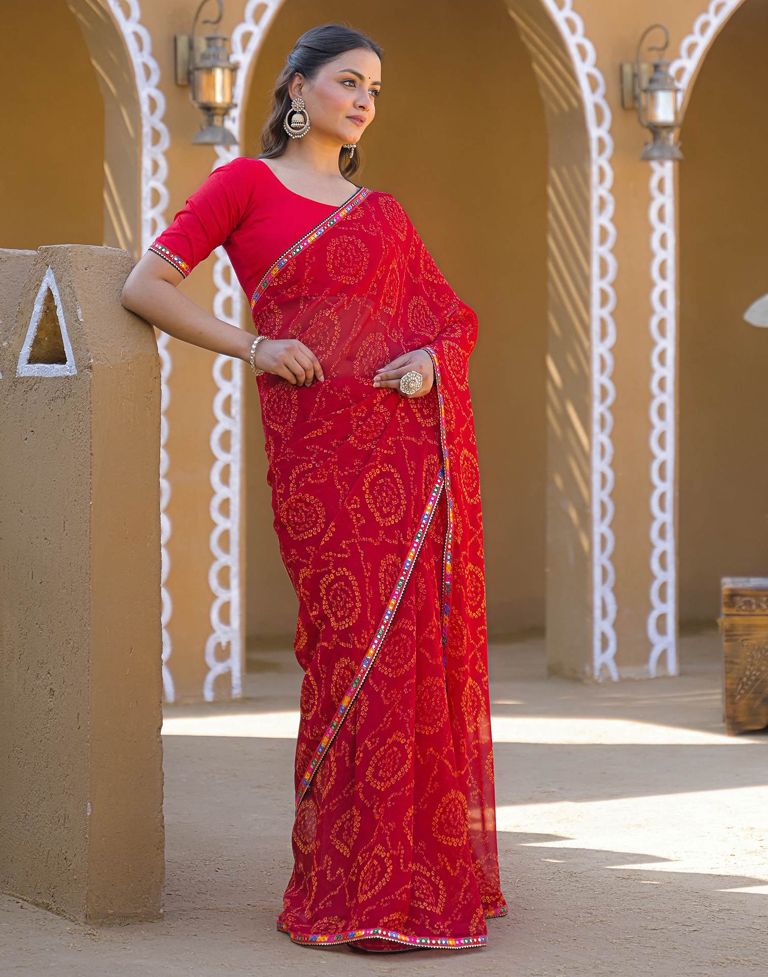 Maroon Georgette Printed Bandhani Saree - Image 8