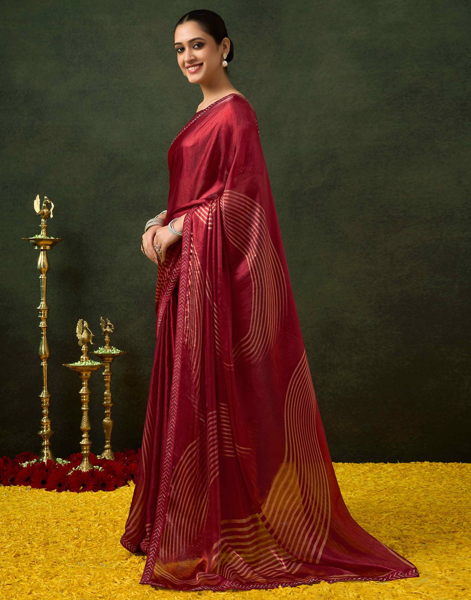 Maroon Organza Printed Swarovski Saree - Image 4