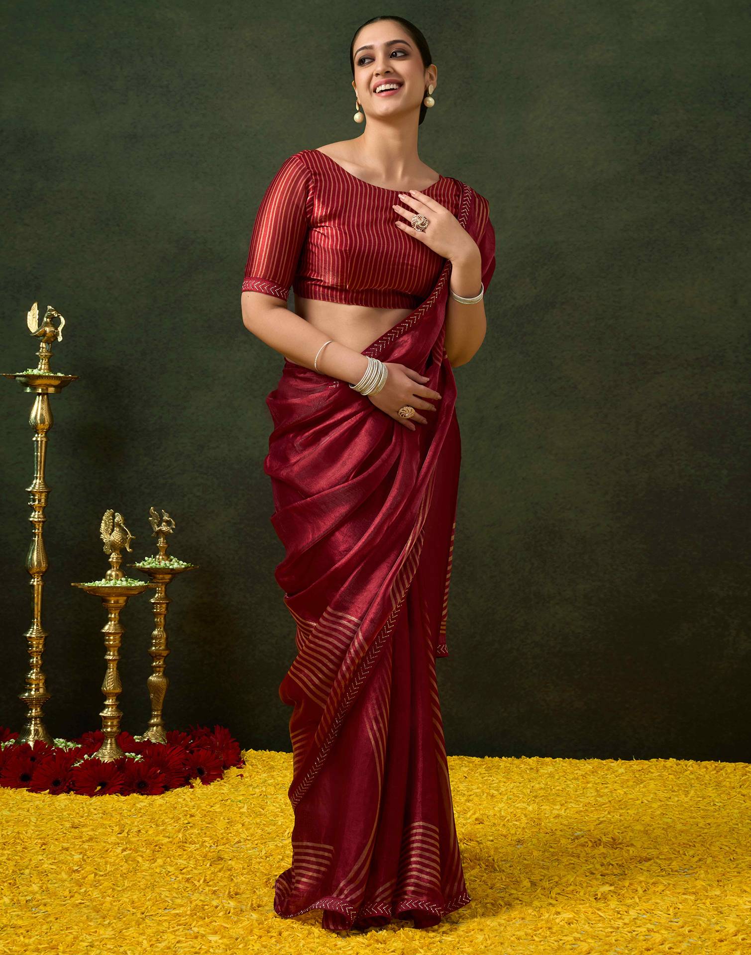Maroon Organza Printed Swarovski Saree - Image 5