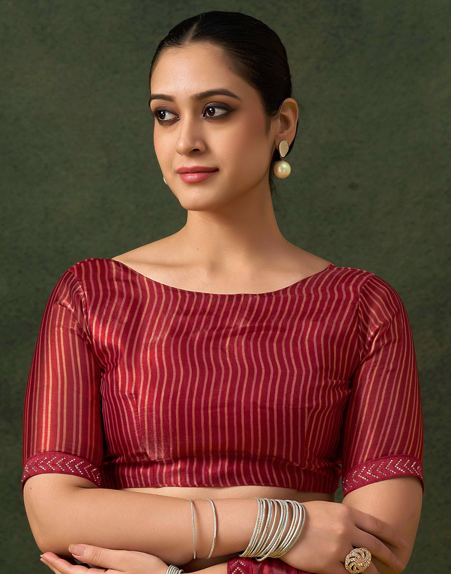 Maroon Organza Printed Swarovski Saree - Image 7