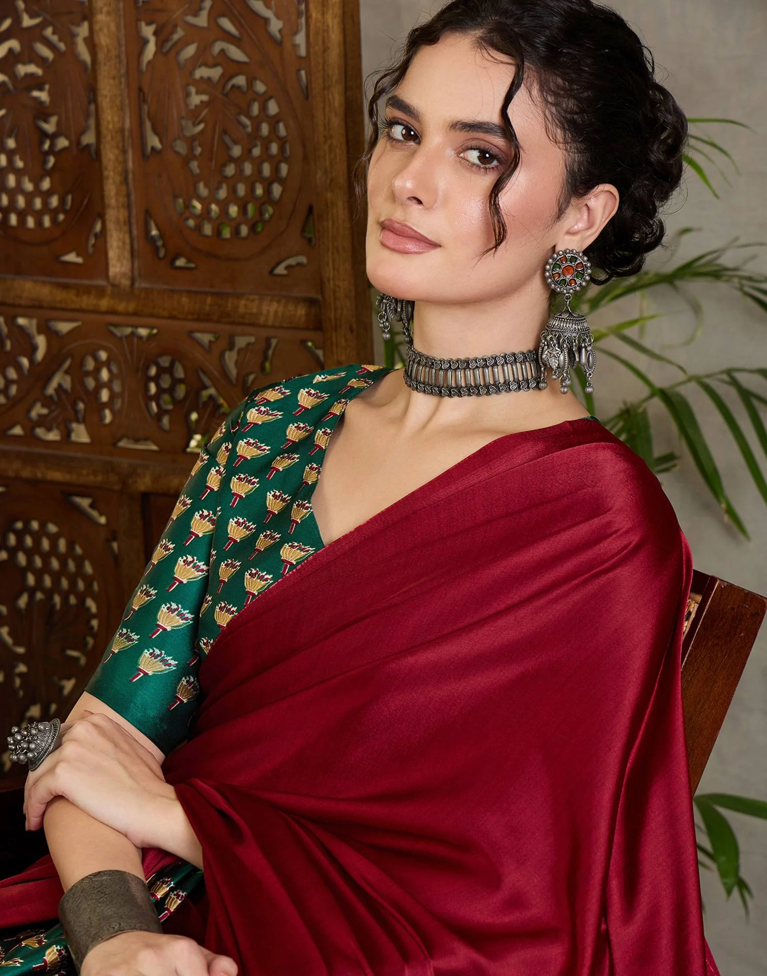 Maroon Satin Printed Saree - Image 2