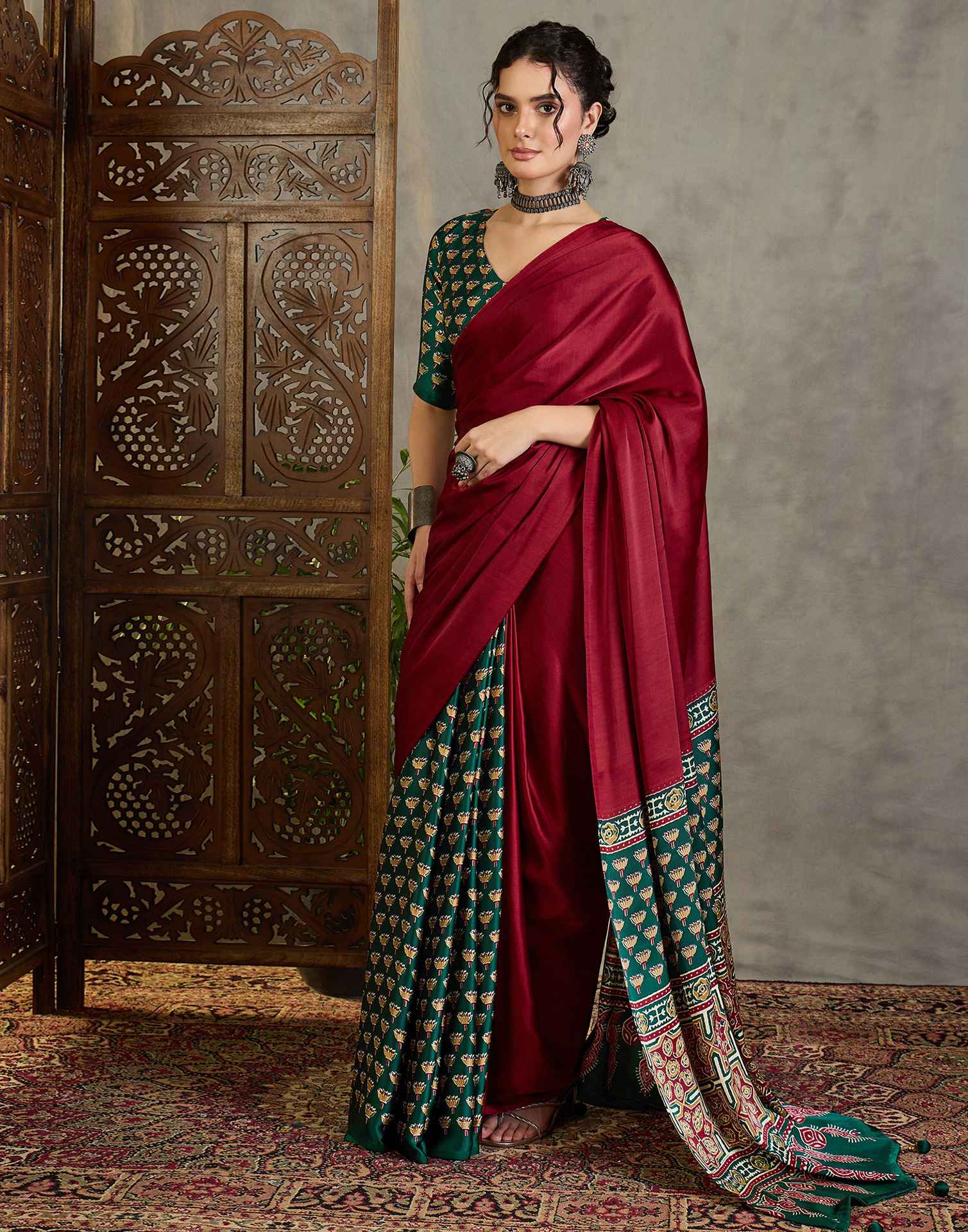 Maroon Satin Printed Saree - Image 4