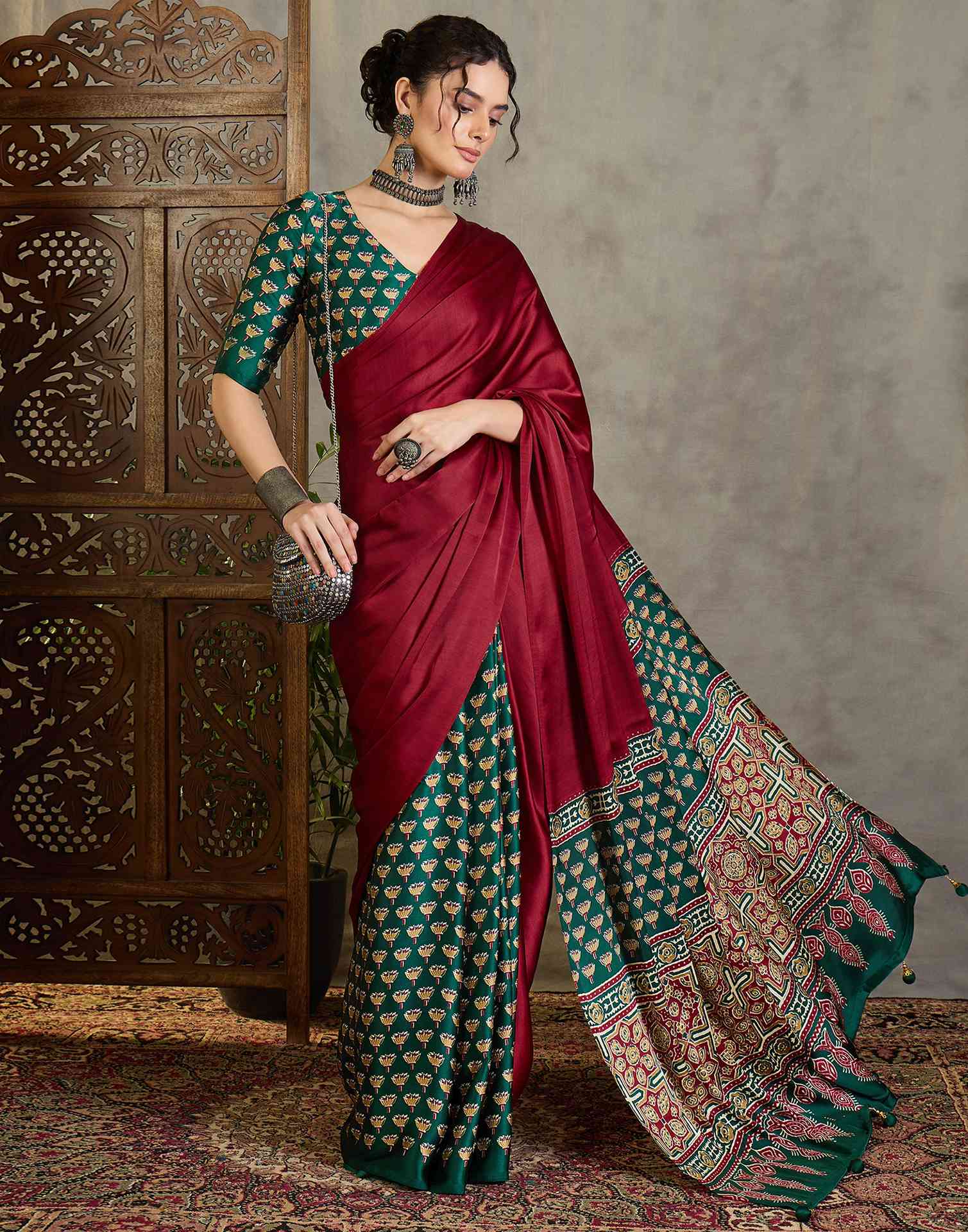 Maroon Satin Printed Saree - Image 5