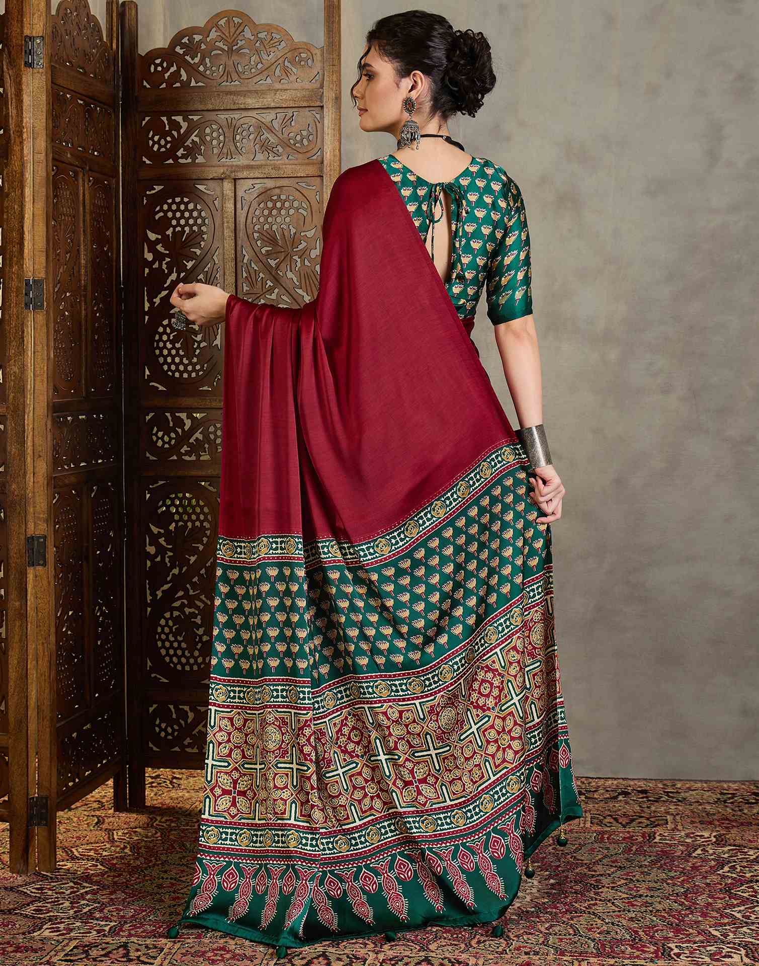 Maroon Satin Printed Saree - Image 6