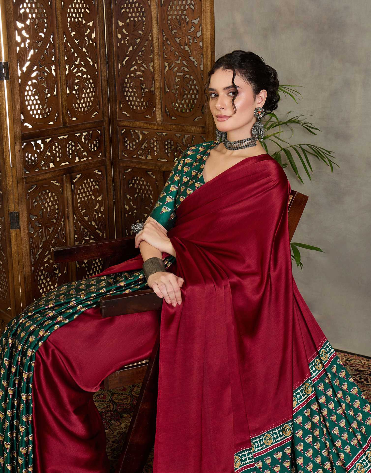 Maroon Satin Printed Saree - Image 7