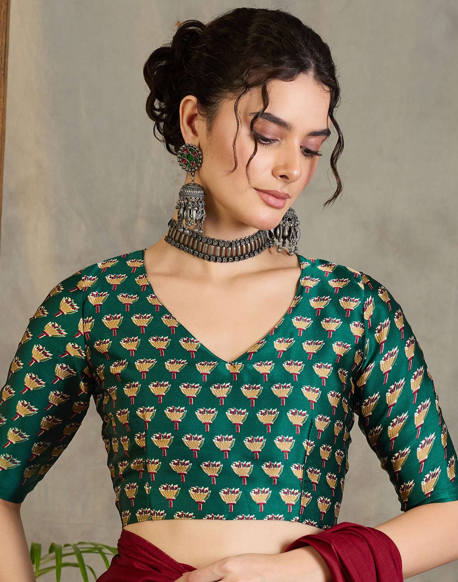 Maroon Satin Printed Saree - Image 8