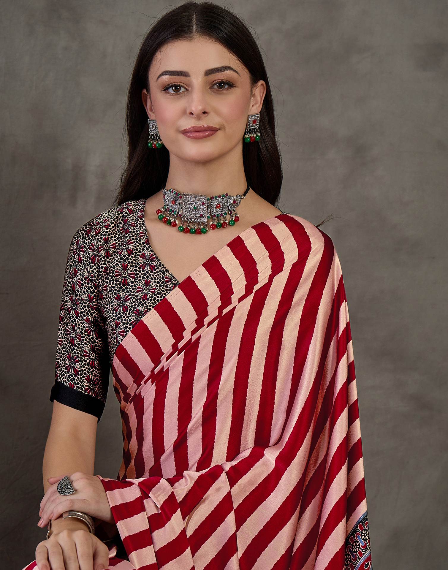 Maroon Satin Printed Saree - Image 2