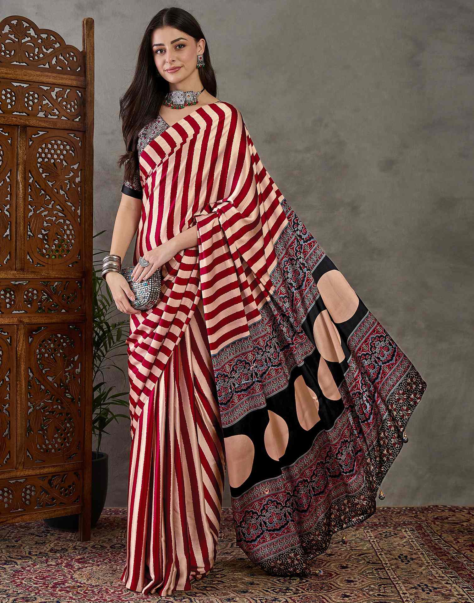 Maroon Satin Printed Saree - Image 5