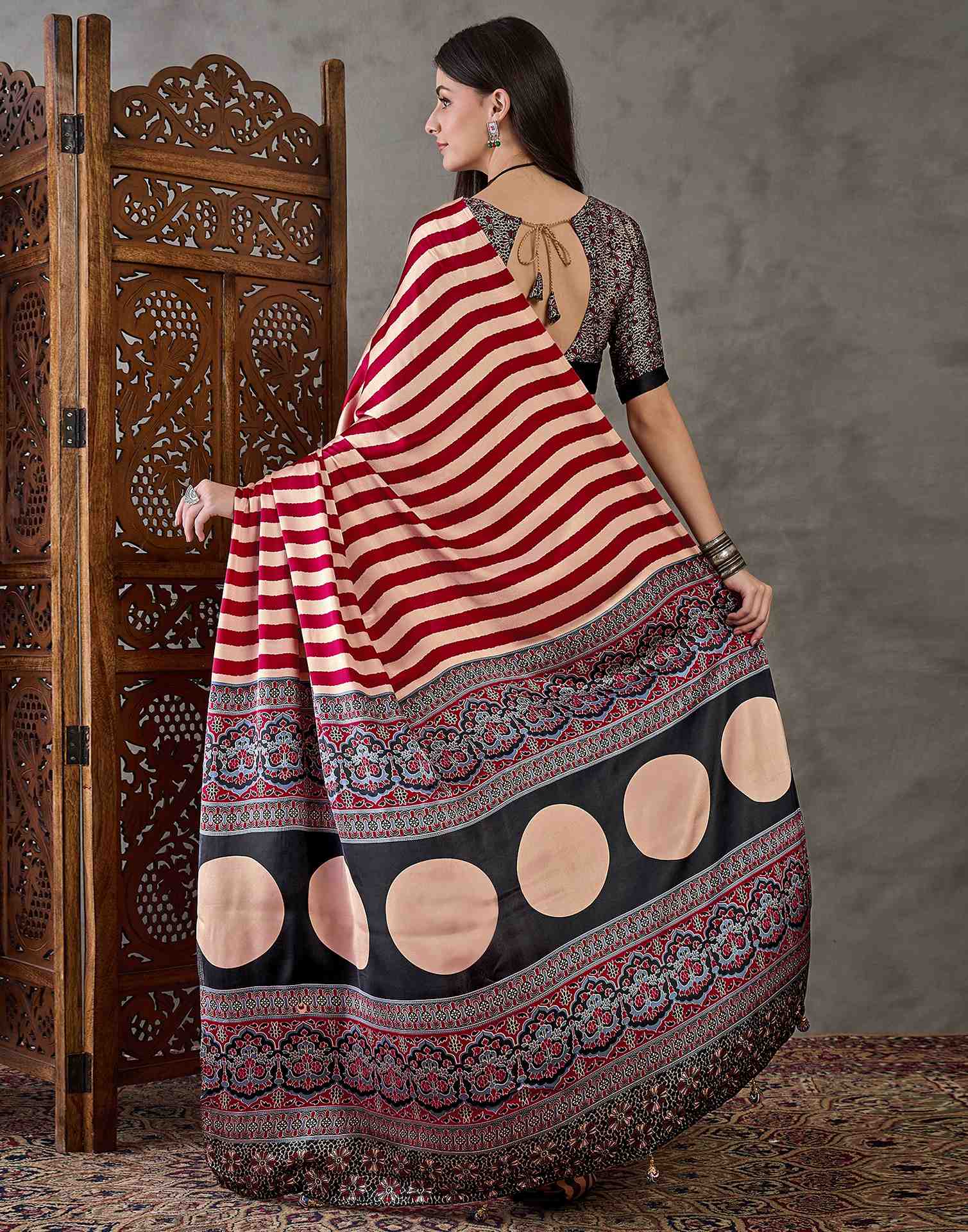 Maroon Satin Printed Saree - Image 6