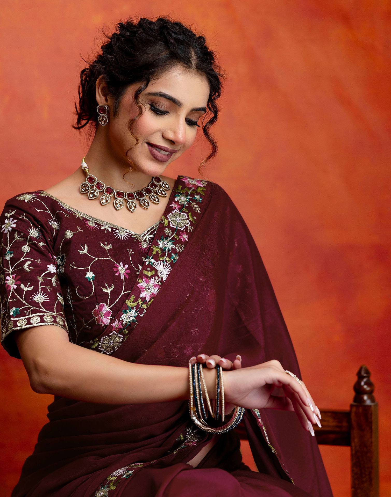 Maroon Shimmer Embroidery lace Saree - Image 2