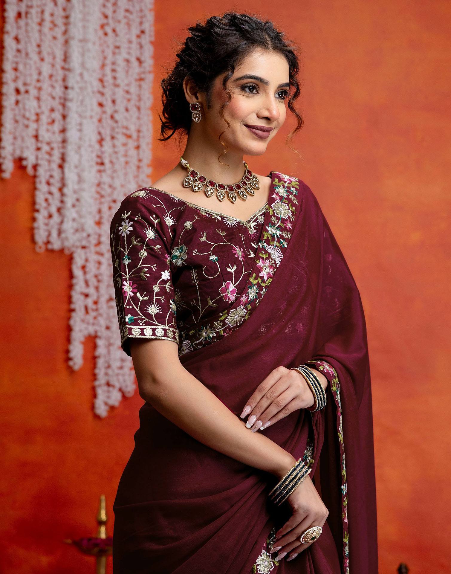 Maroon Shimmer Embroidery lace Saree - Image 4