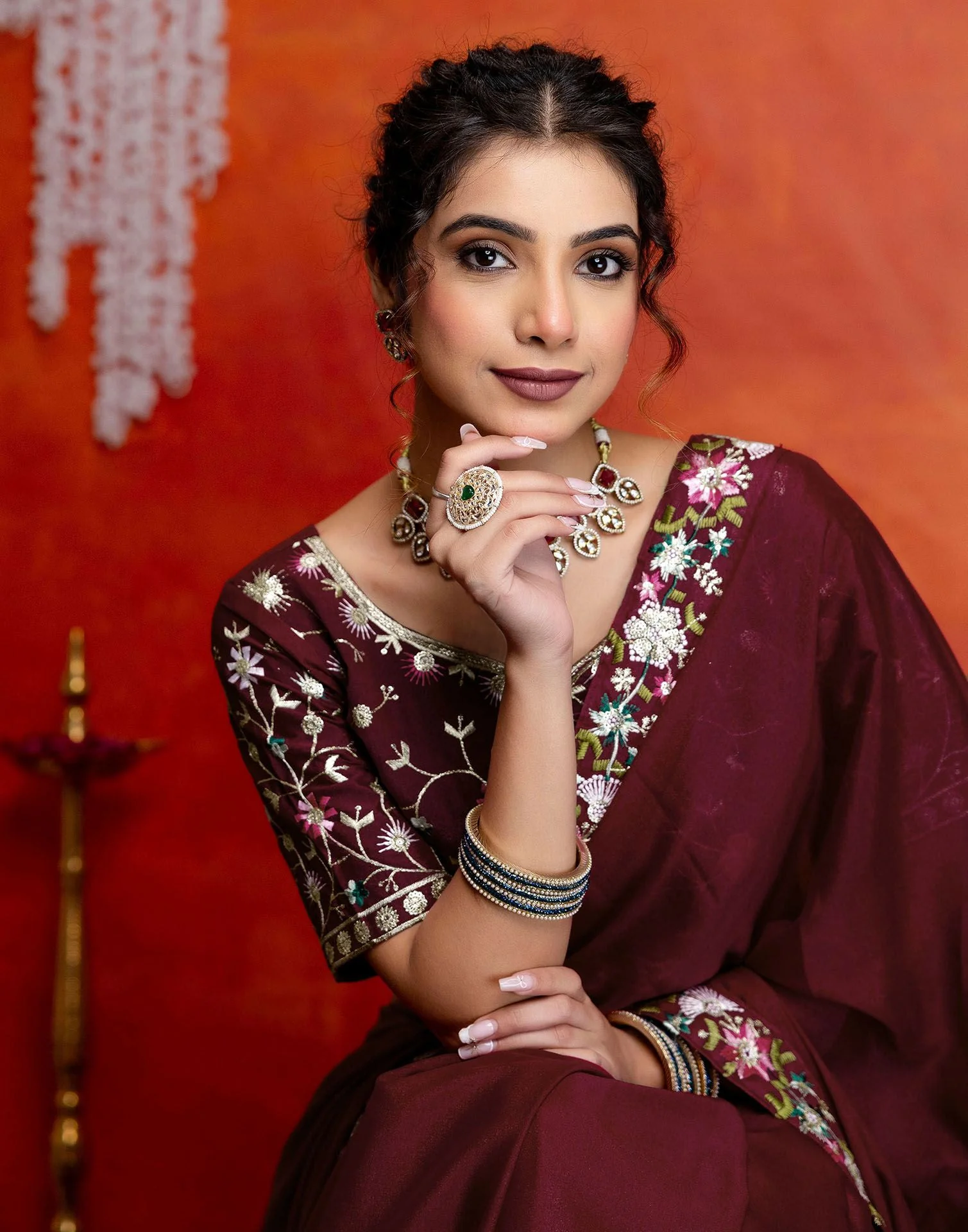 Maroon Shimmer Embroidery lace Saree - Image 5