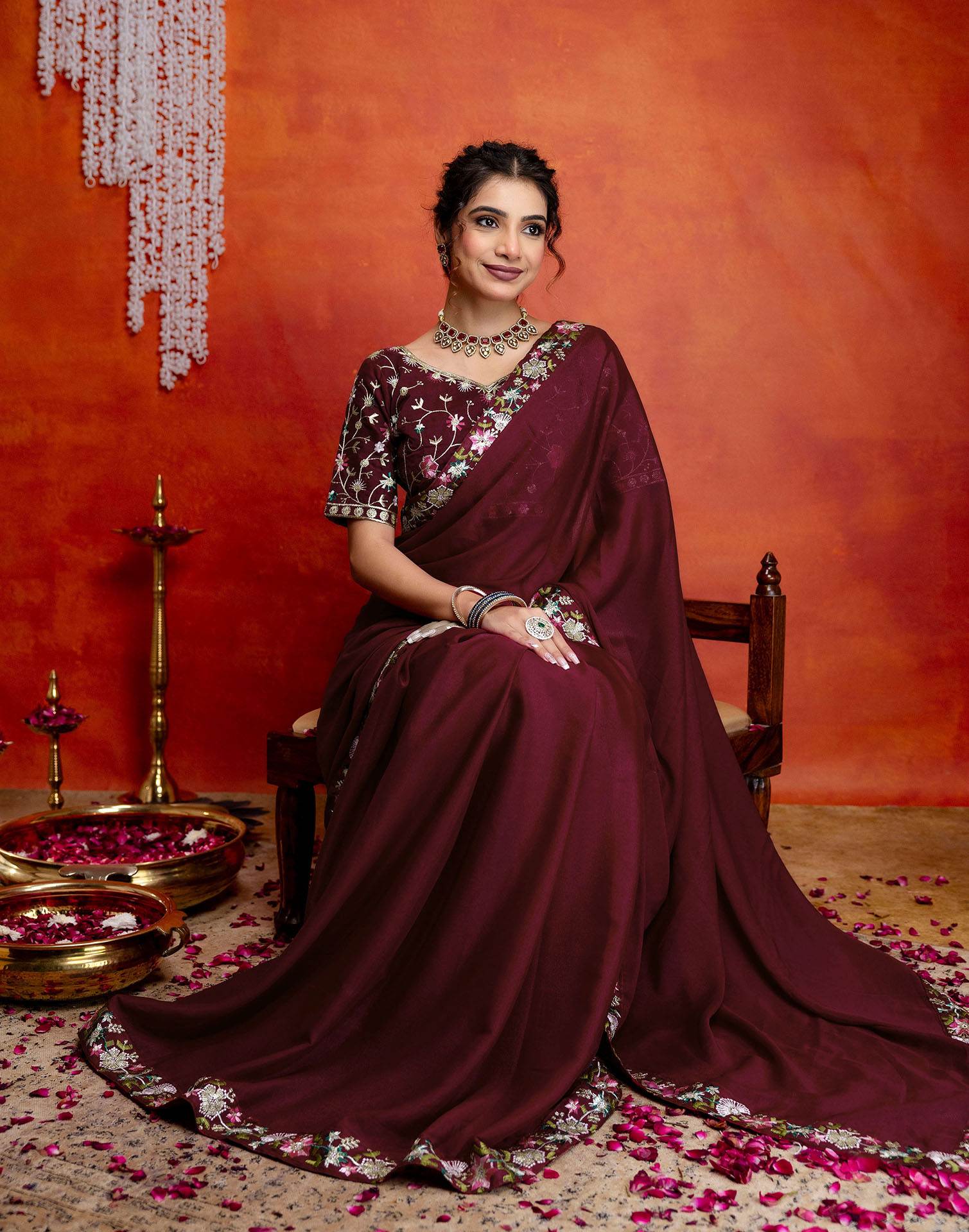 Maroon Shimmer Embroidery lace Saree - Image 7