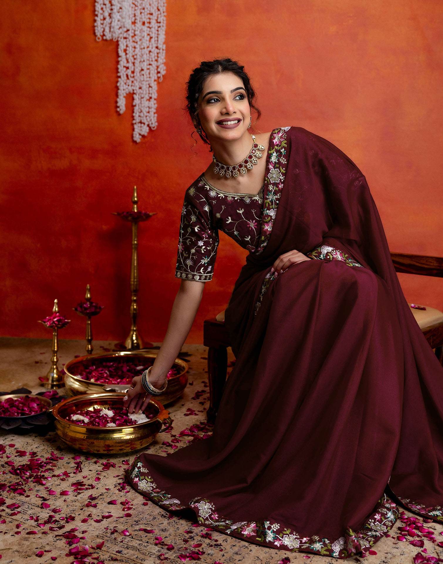 Maroon Shimmer Embroidery lace Saree - Image 9