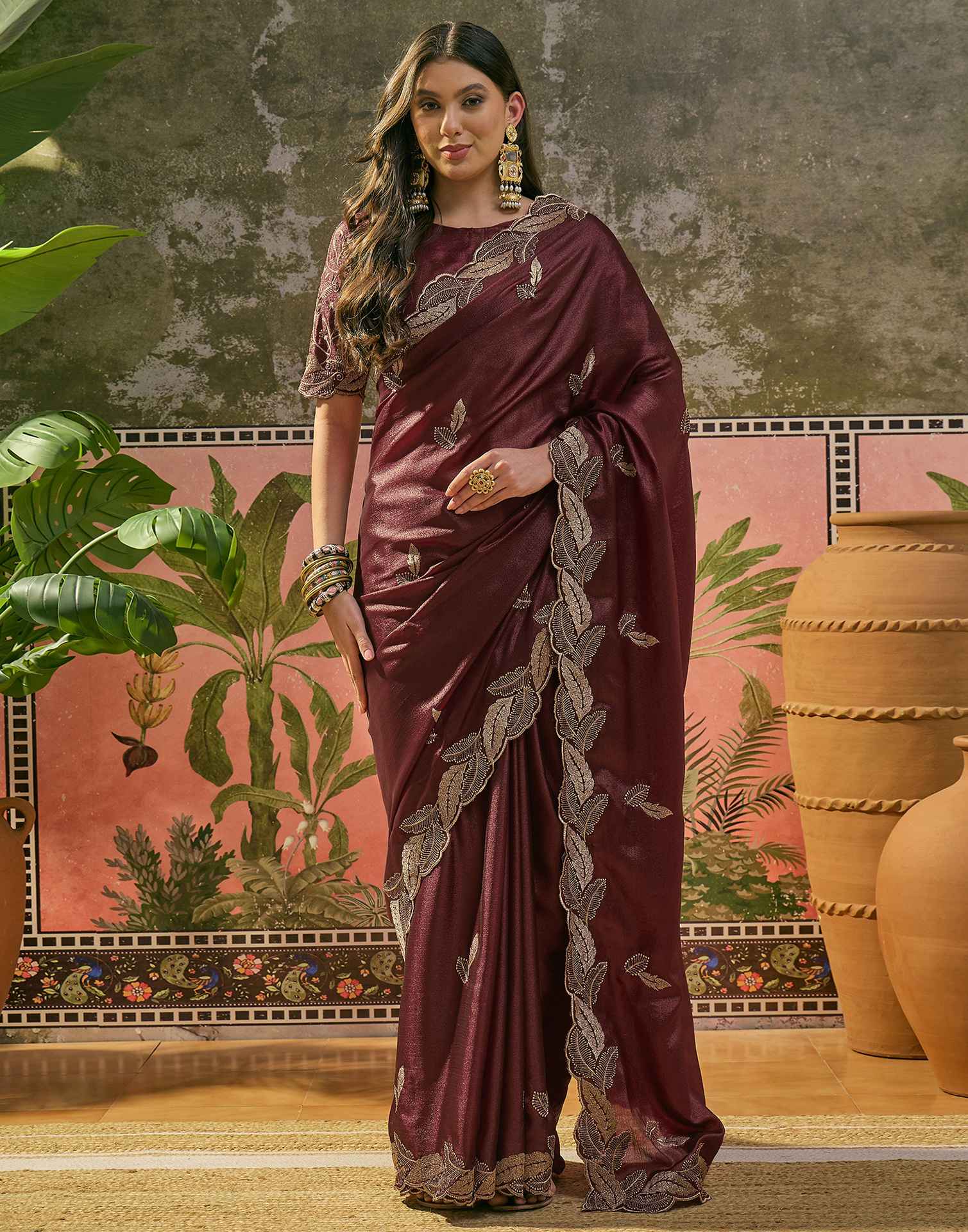 Maroon Shimmer Embroidery Saree