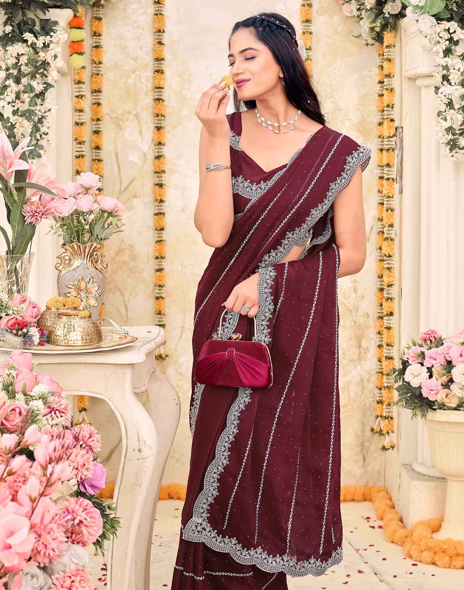 Maroon Shimmer Georgette Embroidery Embellished Saree - Image 2