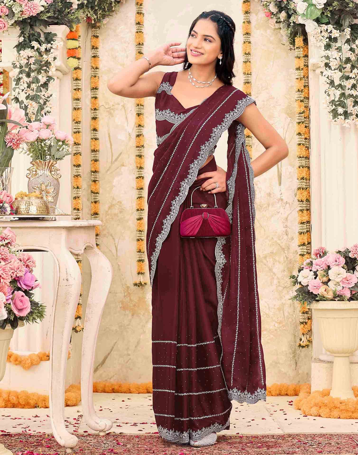 Maroon Shimmer Georgette Embroidery Embellished Saree - Image 4