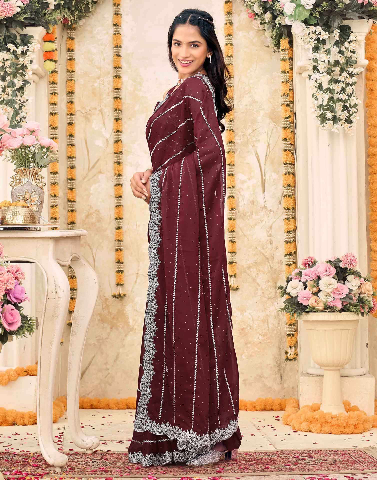 Maroon Shimmer Georgette Embroidery Embellished Saree - Image 5