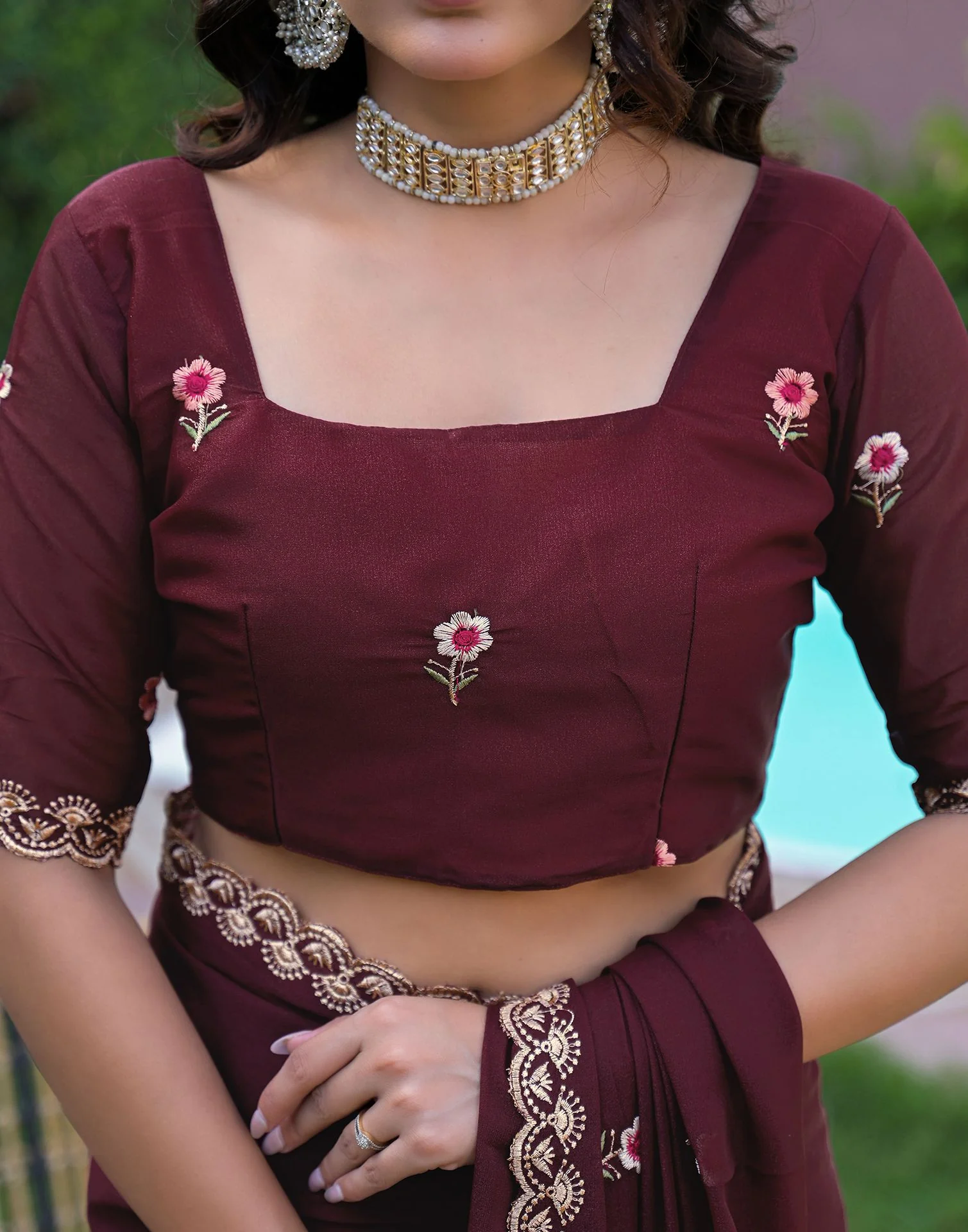 Maroon Shimmer Georgette Embroidery Saree - Image 11