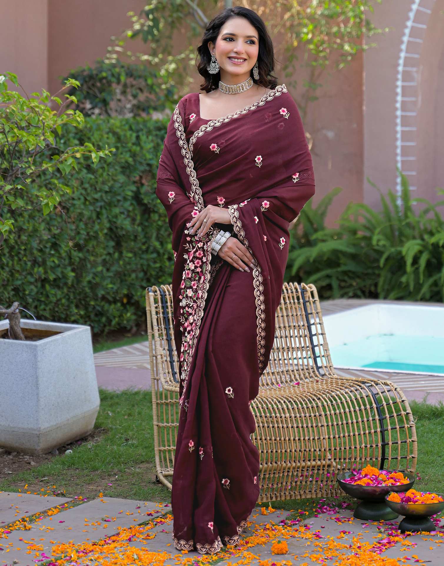 Maroon Shimmer Georgette Embroidery Saree - Image 5