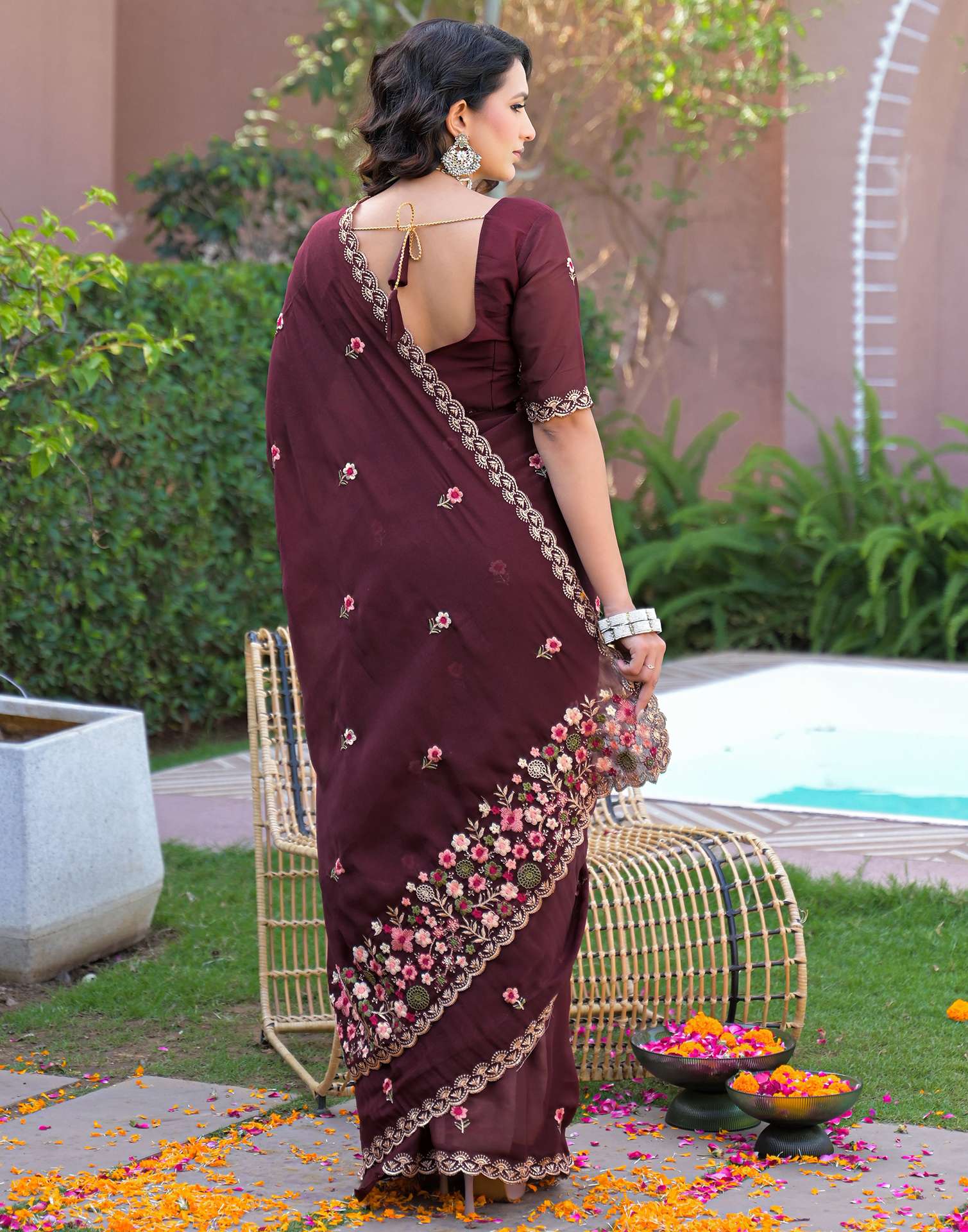 Maroon Shimmer Georgette Embroidery Saree - Image 6