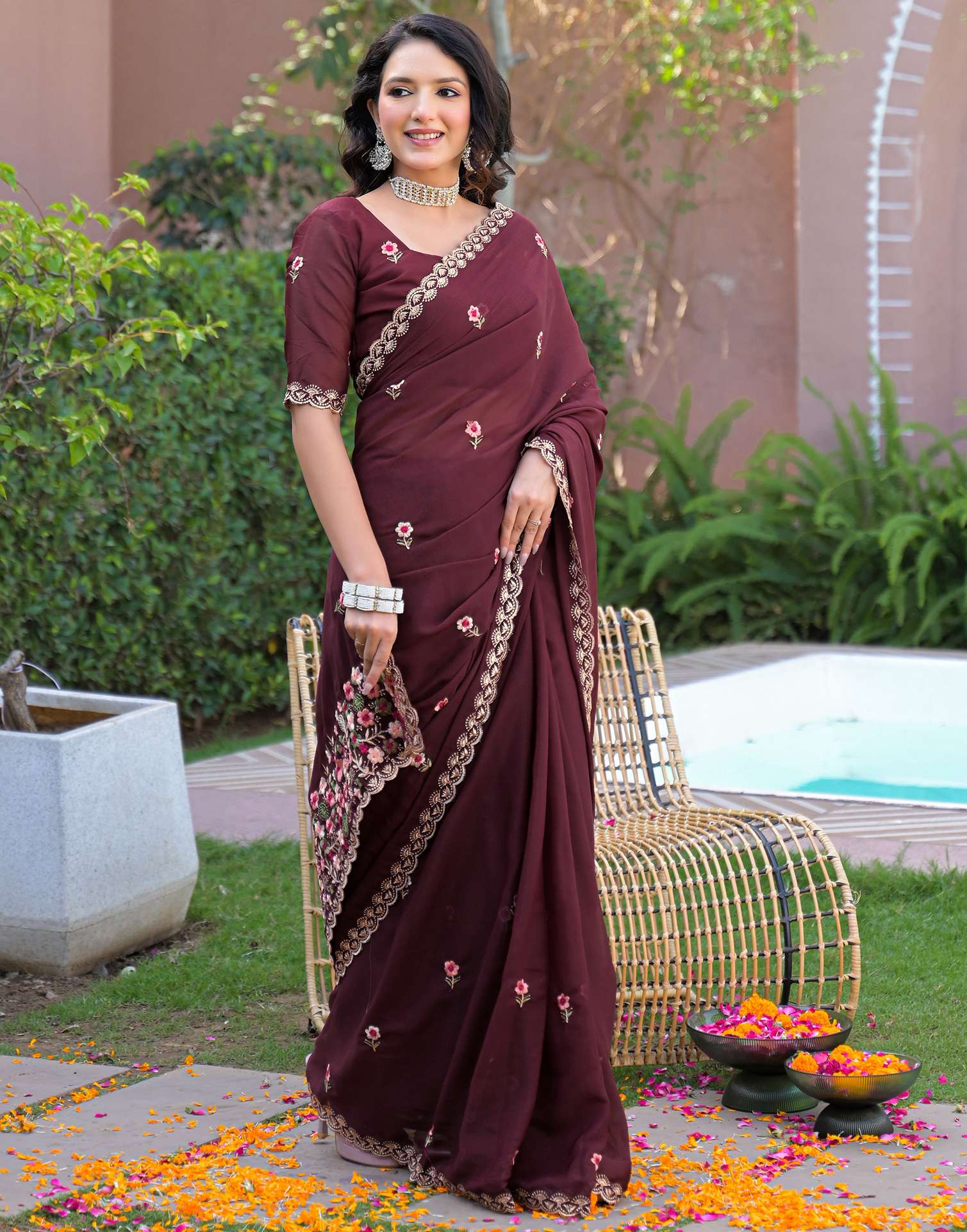 Maroon Shimmer Georgette Embroidery Saree - Image 7