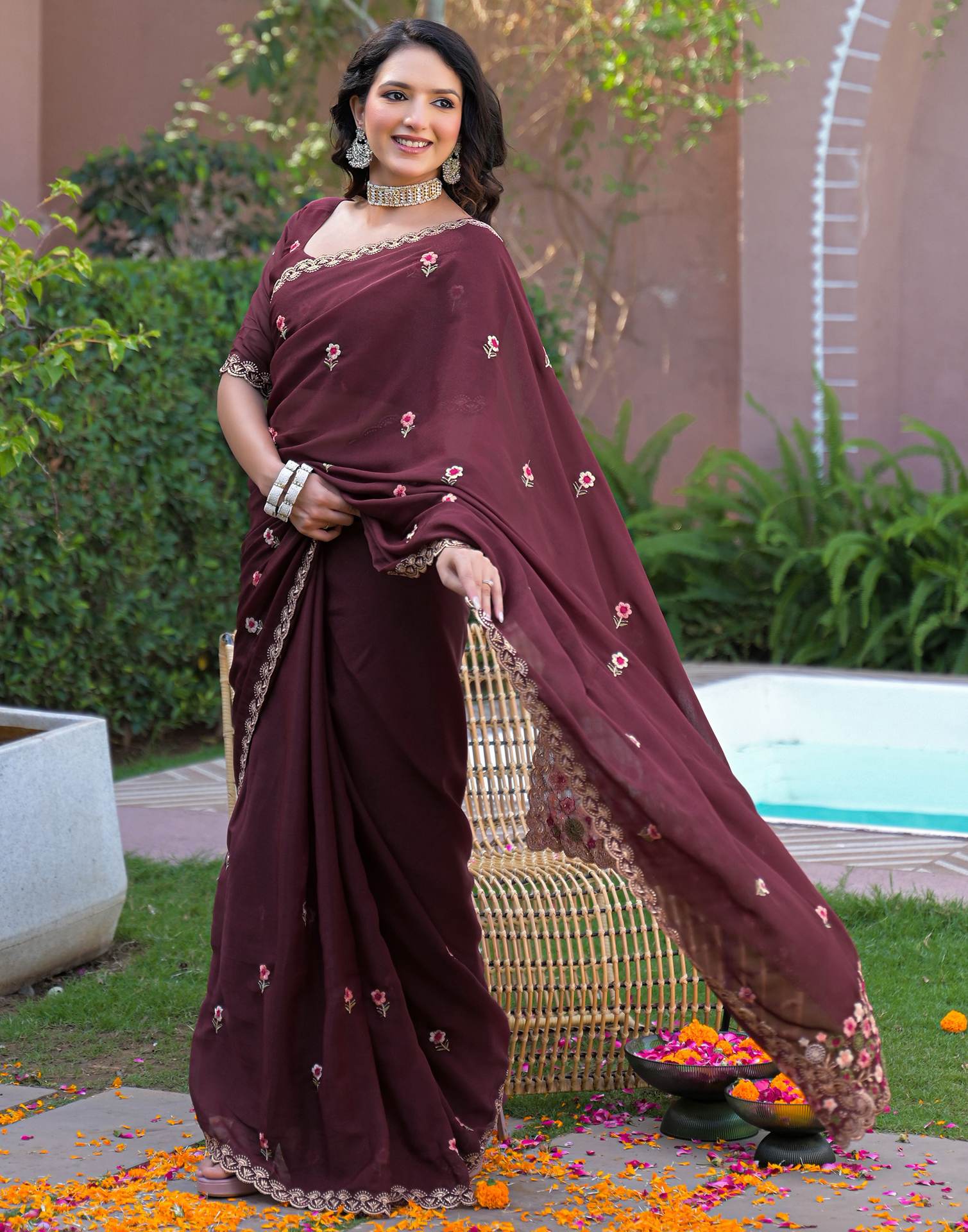 Maroon Shimmer Georgette Embroidery Saree - Image 8