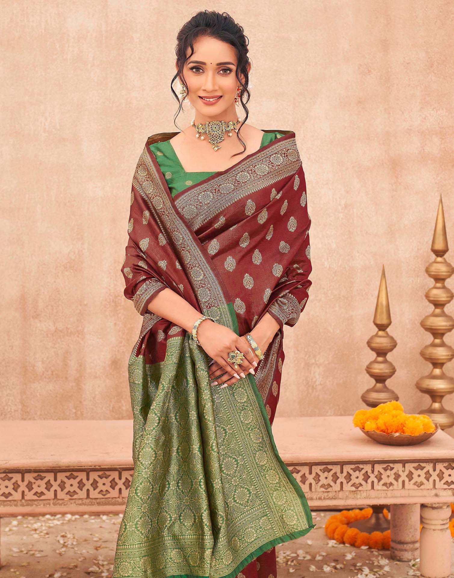 Maroon Shimmer Silk Woven Banarasi Saree - Image 2